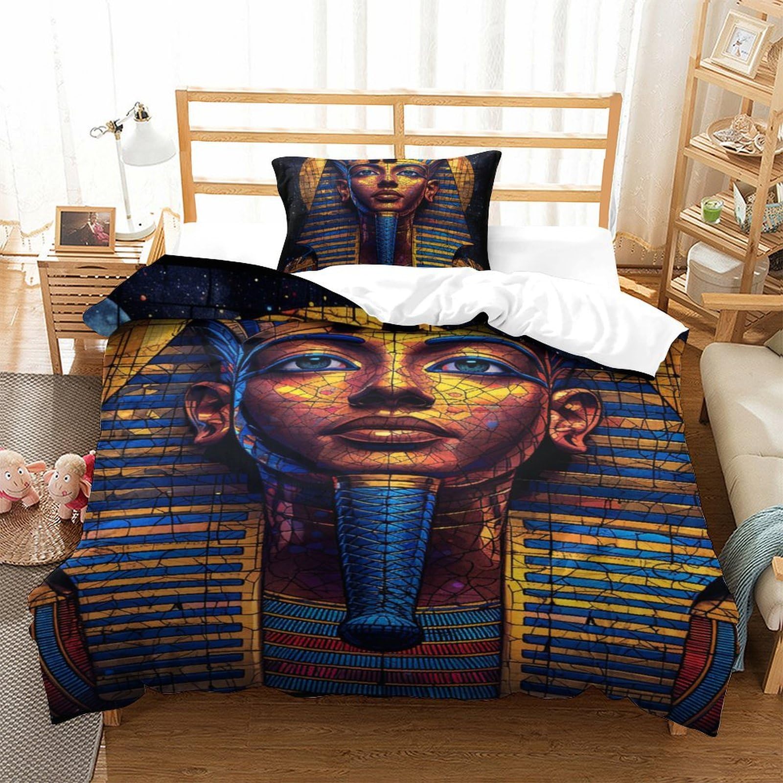 Housse de couette Pharaon d'Egypte 3D lit simple 135x200 avec fermeture éclair pour ado