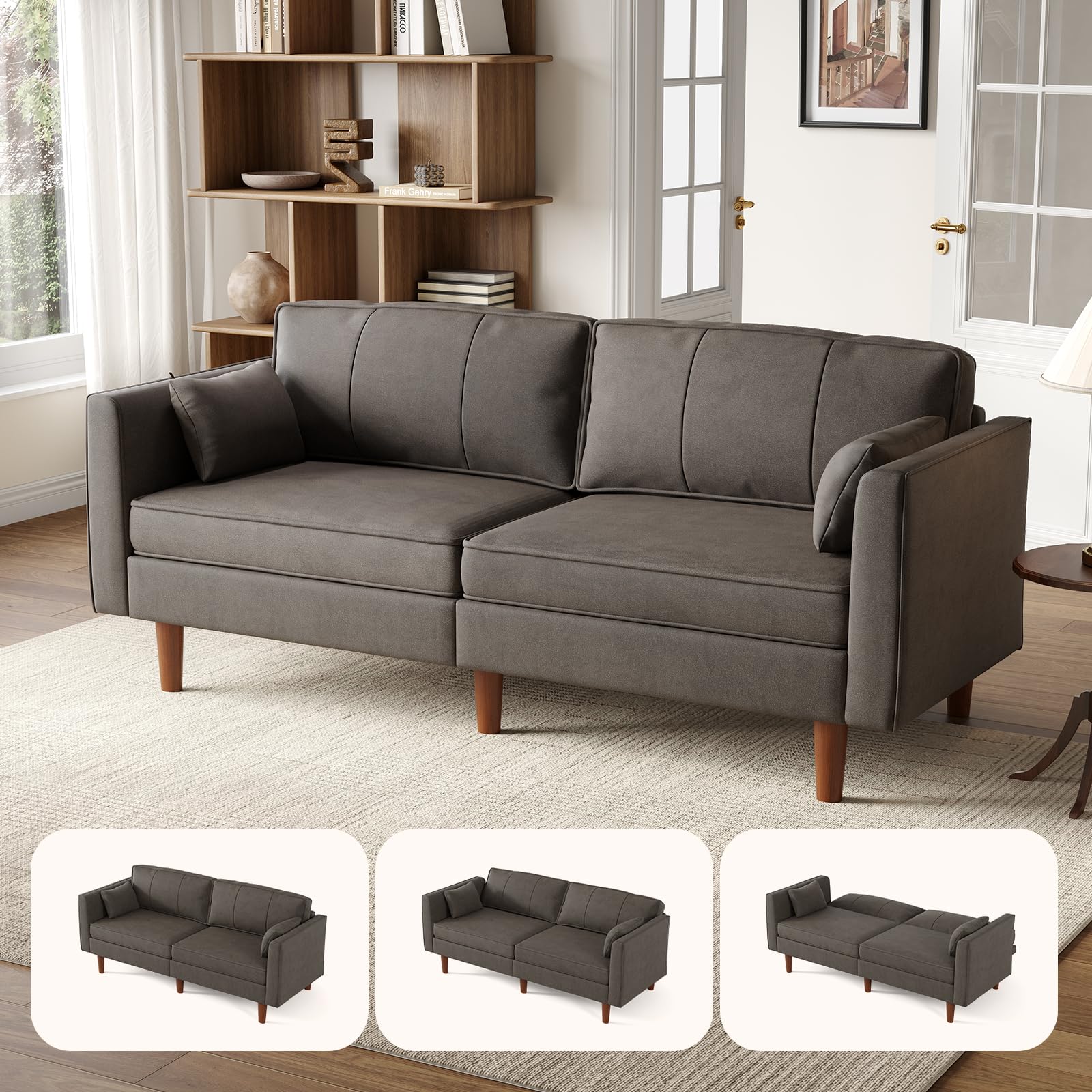 Faux Leather Futon Sofa Bed, 71" Convertible Sleeper Sofa Couch | Leather Couch with Adjustable Backrest Folding Loveseat for Apartment, Living Room, Office, Brown