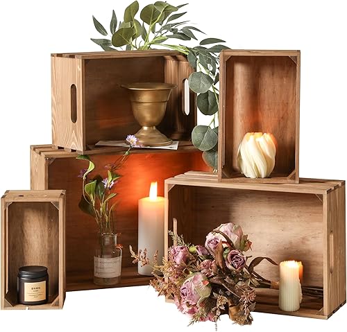 KMwares Juego de 5 cajas de madera vintage, cajas de madera rústica para almacenamiento y exhibición, jaula de leche de granja, cocina, baño, boda,