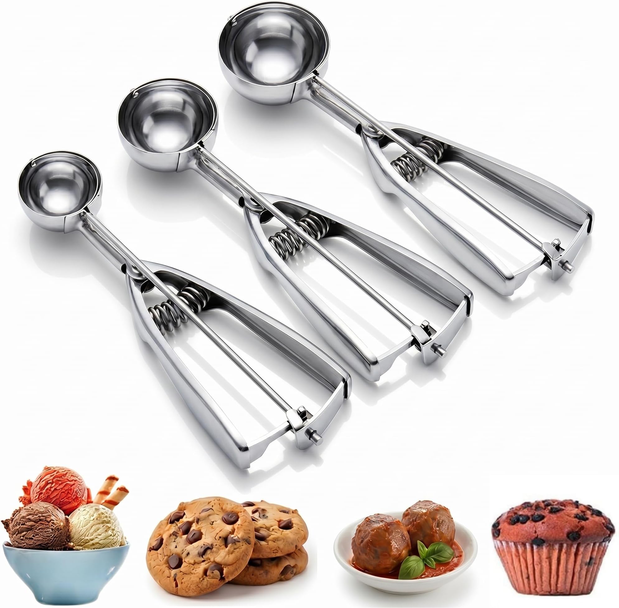 Ice Cream Scoop, 3Pcs Cookie Scoop Set, Stainless Steel Ice Cream Scooper with Trigger Release, Large/Medium/Small Cookie Scooper for Baking, Cookie Scoops for Baking Set of 3 with Cookie Dough Scoop…