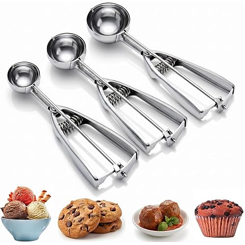 Ice Cream Scoop, 3Pcs Cookie Scoop Set, Stainless Steel Ice Cream Scooper with Trigger Release, Large/Medium/Small Cookie Scooper for Baking, Cookie Scoops for Baking Set of 3 with Cookie Dough Scoop…