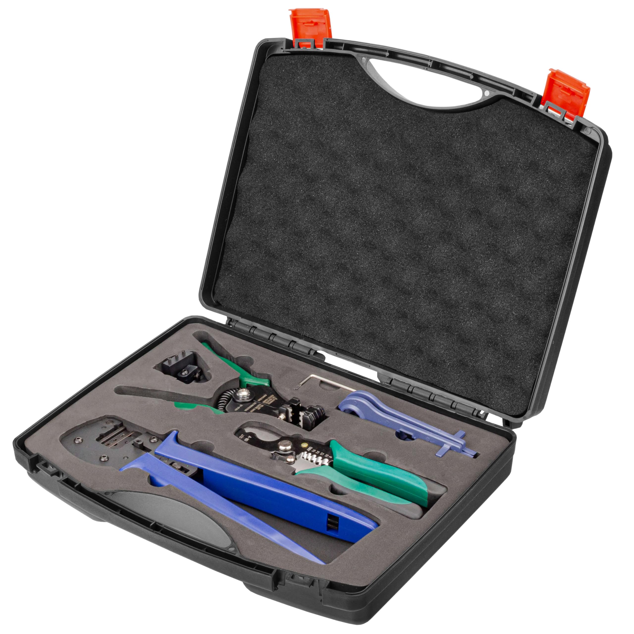 hb-digital Kit d'outils de montage solaire : 1 pince à sertir professionnelle pour lamelles de contact MC4 Ø 2,5/4/6 mm² + 1 outil de dénudage automatique Ø 2,5/4/6 mm² + 1 coupe-câble + 2 clés