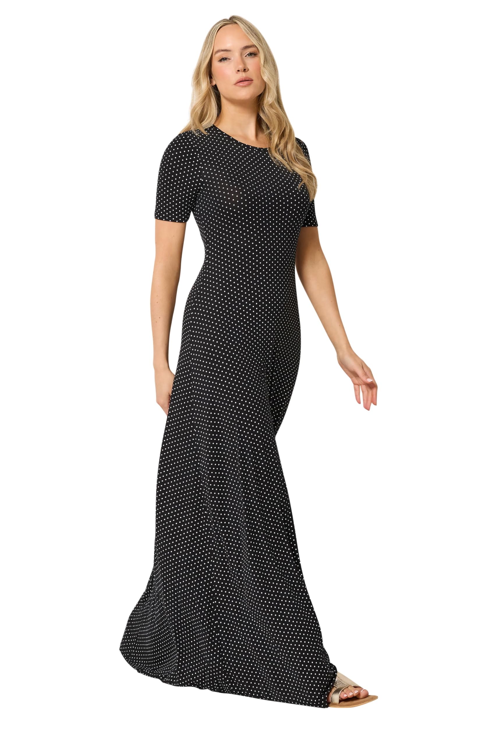 Lts Women's Black Tall Polka Dot Short Sleeve Maxi Dress Size 16
