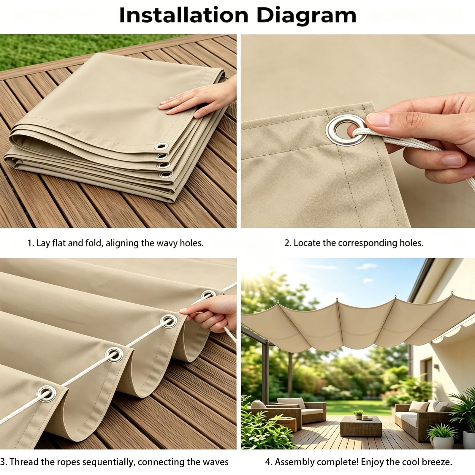 Rozwijany żagiel przeciwsłoneczny Wave, regulowana osłona przeciwsłoneczna do pergoli, dostępne rozmiary niestandardowe, do ogrodu i na zewnątrz-Light Khaki||300x650cm