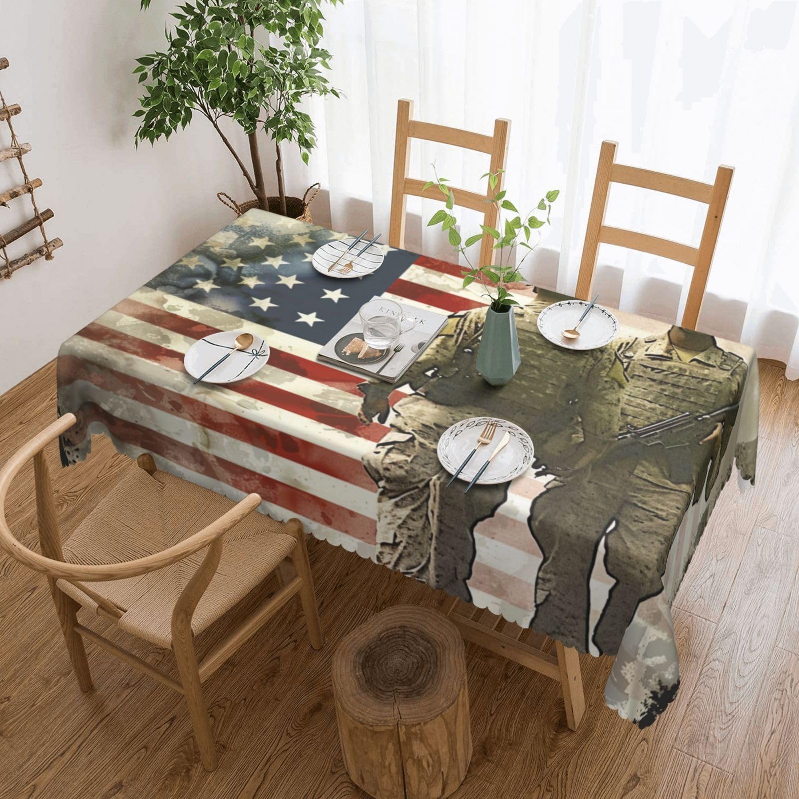 WPKJU US Military Soldiers Patriotic Memorial Day Printed Rectangle Tablecloth 72x54 Inch with Lace Trim, Water-Resistant Washable Table Cover for Farmhouse Weddings, Outdoor Picnics & Holiday Dining