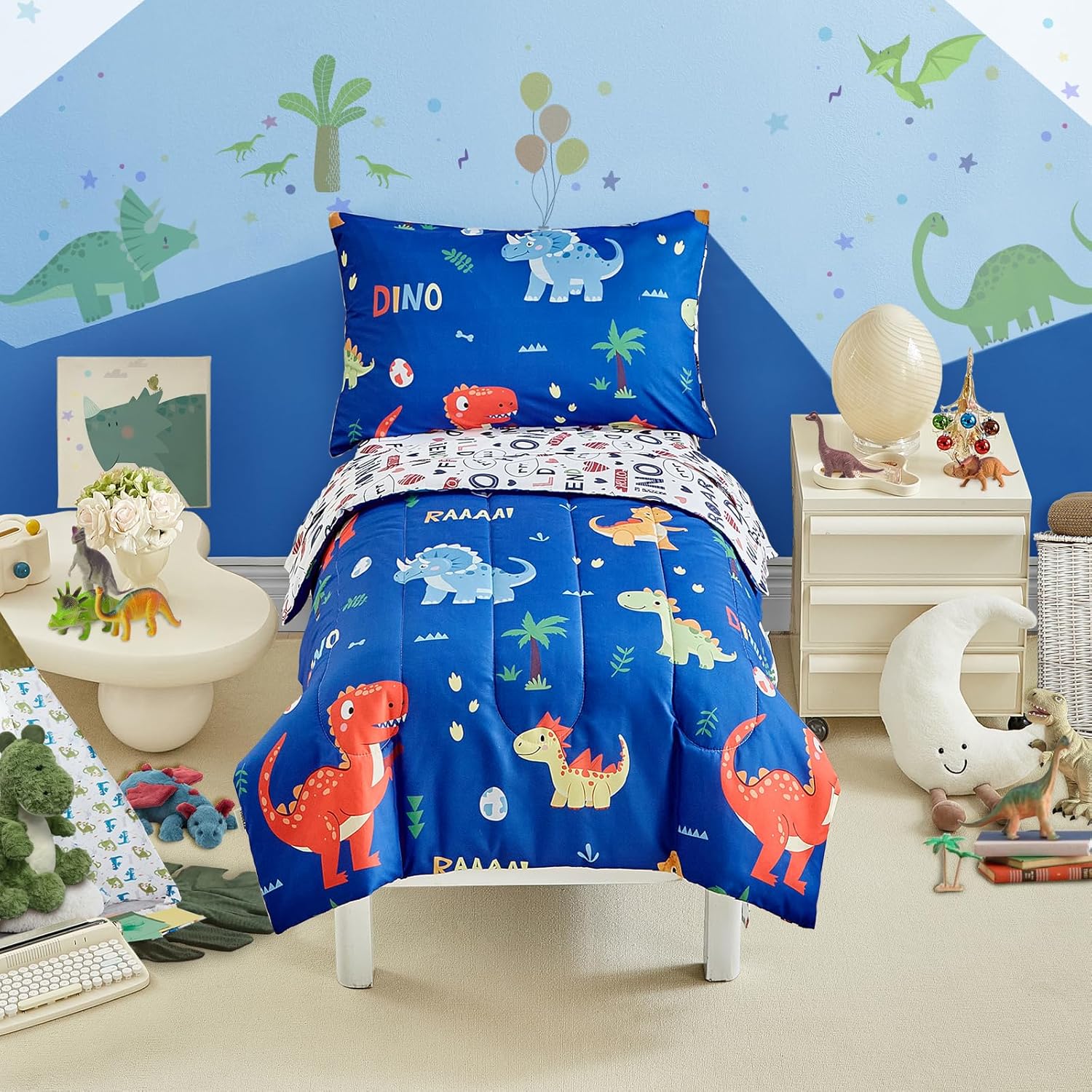 Dinosaur Toddler Bedding Set for Boys Girls 4 Pieces Toddler Bed Set - Ultra Soft Cartoon Cute Orange Yellow Blue Green Dinos - Comforter Fitted Sheet Flat Sheet Pillowcase Navy
