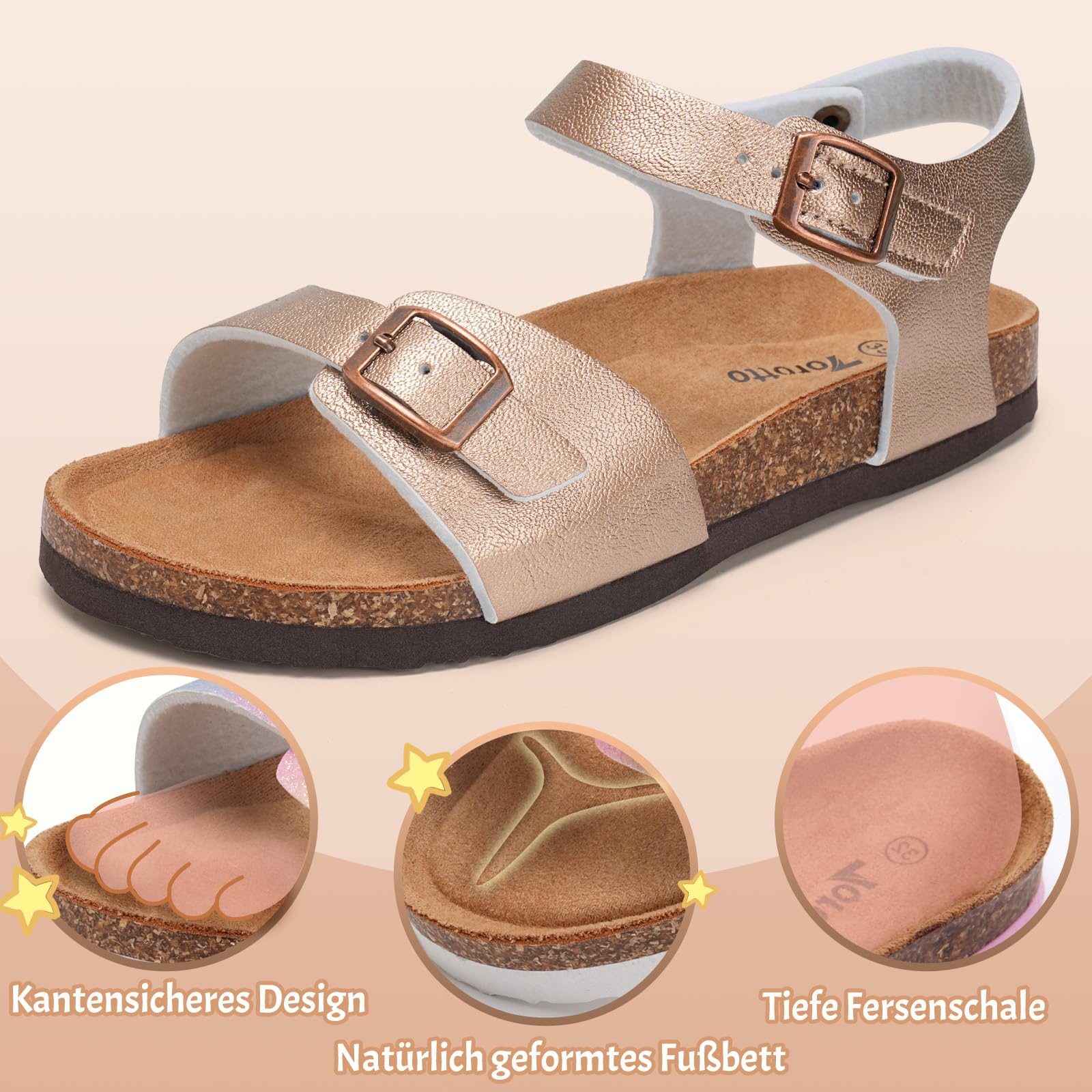 Torotto Sandalen Mädchen Jungen Mit Kork Sandals Kinder Pantoffeln Riemen Verstellbare Schnalle Rutschfeste Mit Klettverschluss Sandaletten für Drinnen und Draußen(Klassisch Gold, 32EU)