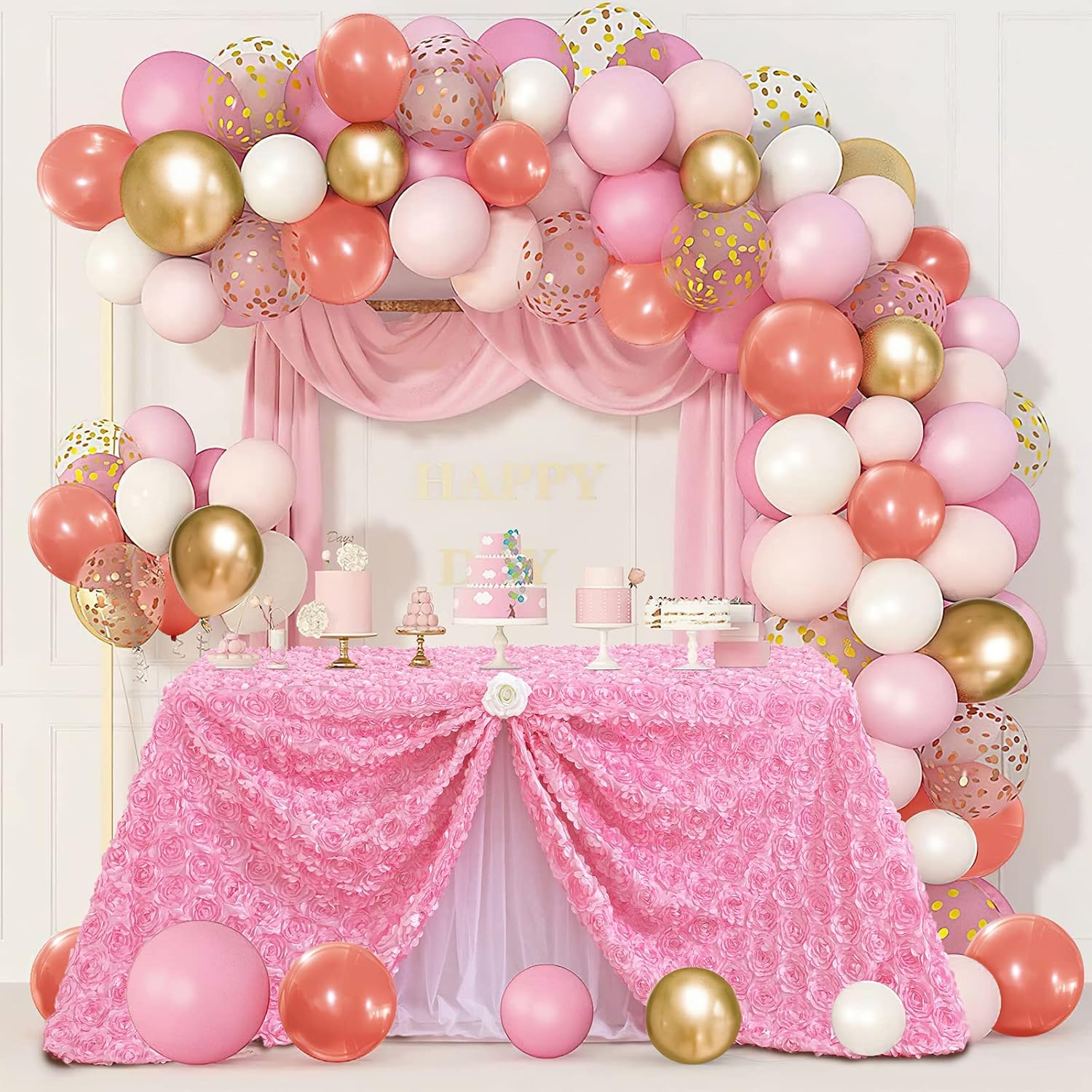 Fanqisi Pink Rosette Tablecloths 90 x 132 Inches Baby Shower Decorations for Girls Birthday Party Dinner Cake Table Top Decor