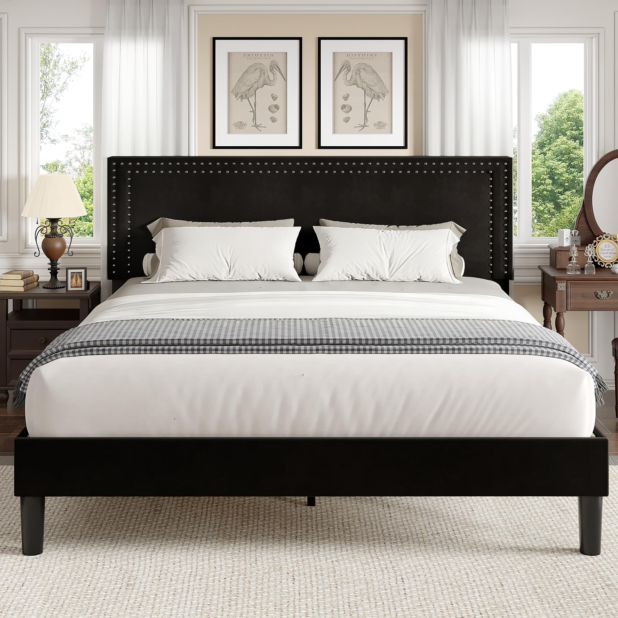 VECELO Queen Size Platform Bed Frame with Height Adjustable Upholstered Headboard, Modern Mattress Foundation,Strong Wood Slat Support, No Box Spring
