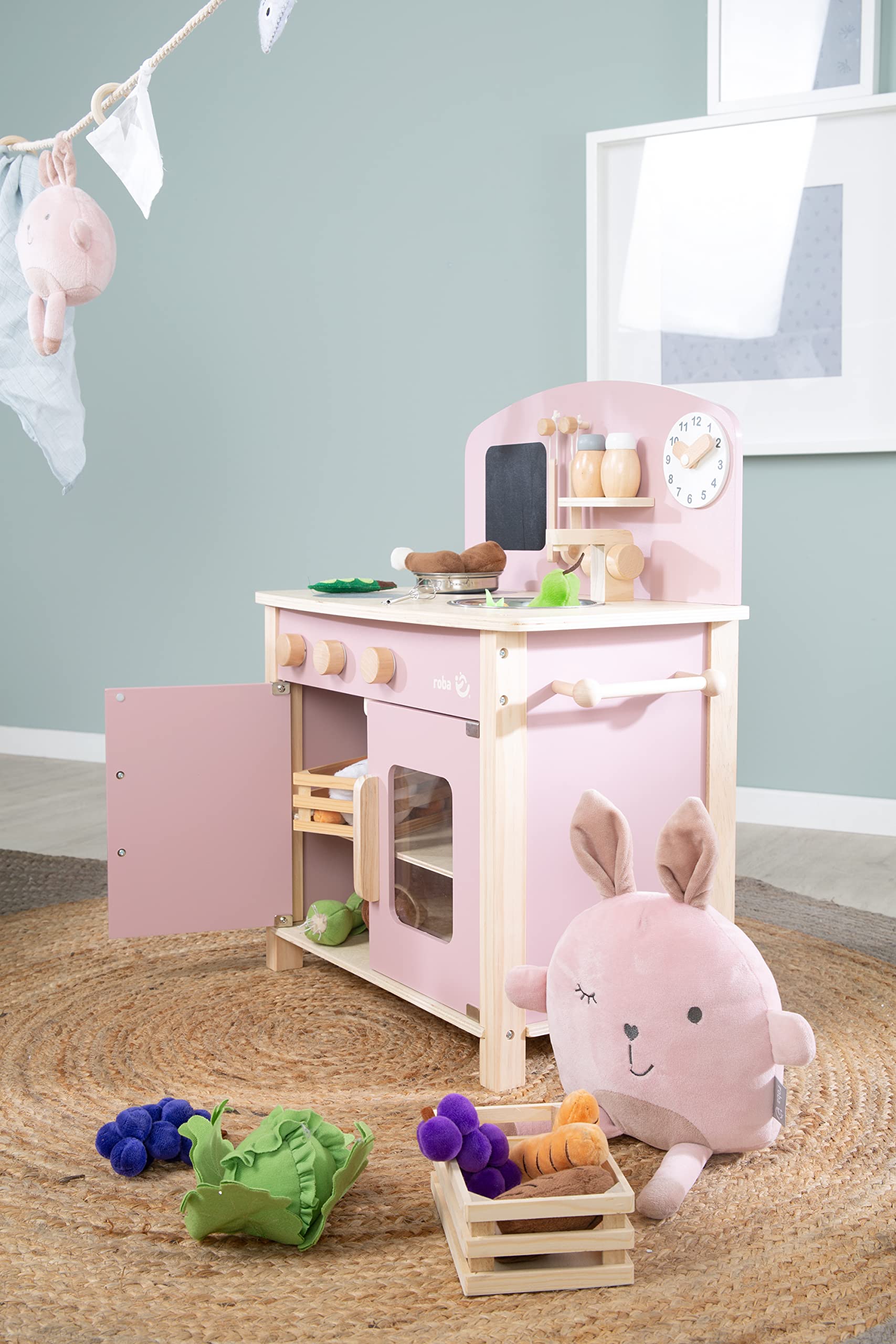 roba Cuisine Enfant en Bois - avec Plaque de Cuisson + Évier et Accessoires en Métal et Bois - à Partir de 3 Ans - Rose