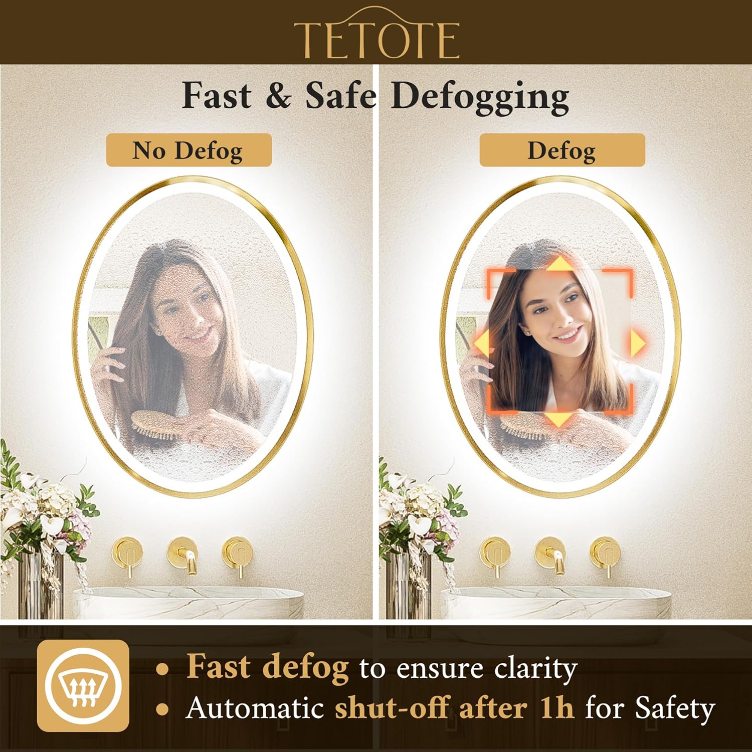 TETOTE Gold Oval Led Mirror with Lights 20" x 28" Metal Framed Oval Lighted Bathroom Vanity Mirror Wall Mounted, Front and Backlit 3 Color Stepless Dimmable Anti Fog, Shatterproof, CRI 90+