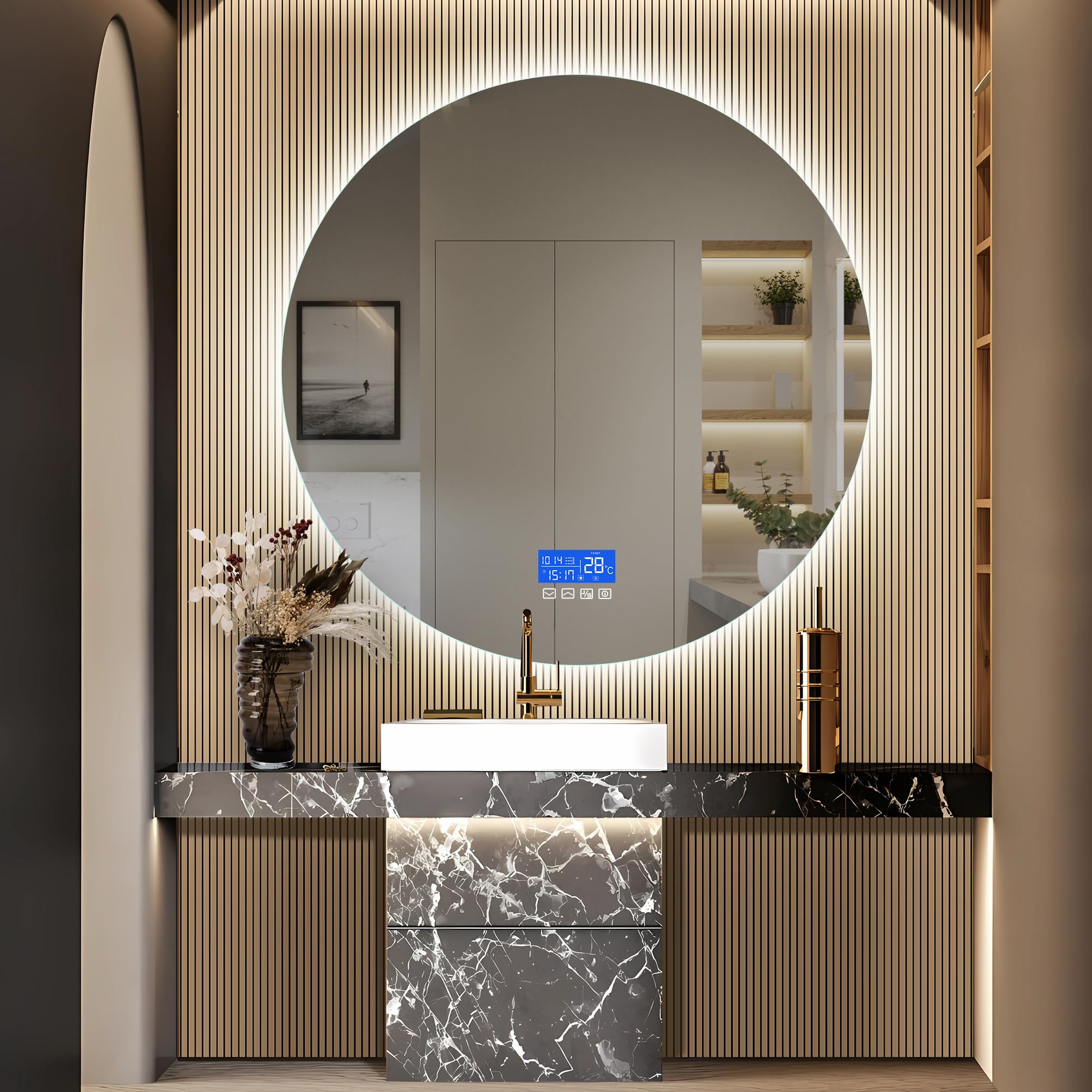 Miroir Salle De Bain Rond Éclairé 80cm - LED 3 Couleurs, Antibuée, Affichage Température