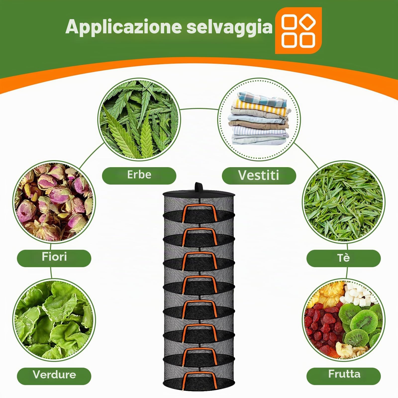 Desy & Feeci Rete Essiccazione 8 Livelli per Erbe, Piante & Alimenti –Rete da Stendino per Erbe Aromatiche con Gancio a Forma di S e Borsa Portaoggetti –Ideale per Tisane, Fiori, Frutta Secca (60 cm)