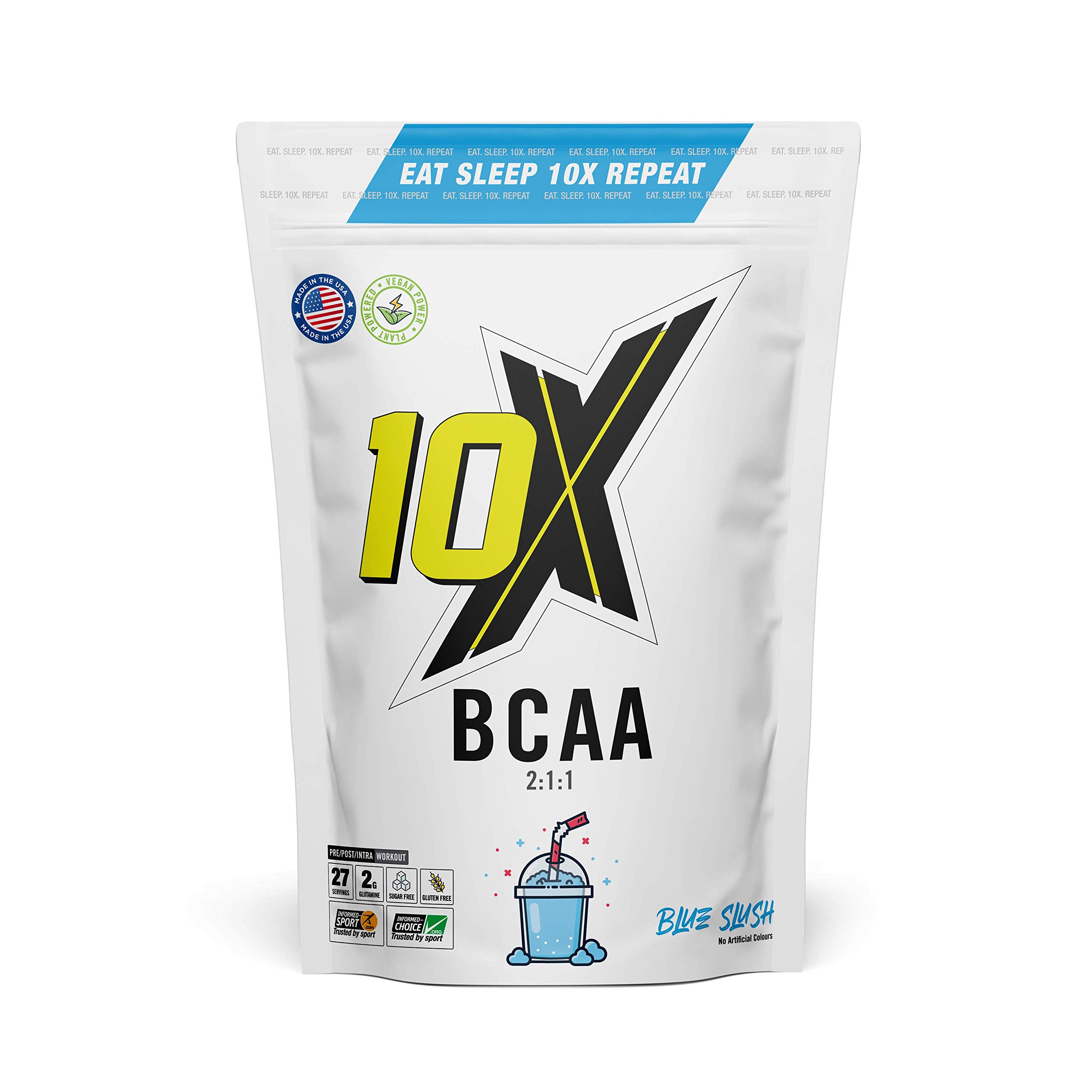 10X Athletic BCAA Powder | Branched Chain Amino Acids Supplement | Informed Sport | Sugar Free | 5g BCAAs + L-Glutamine | Mixed Flavours 27 Servings (Blue Slush)