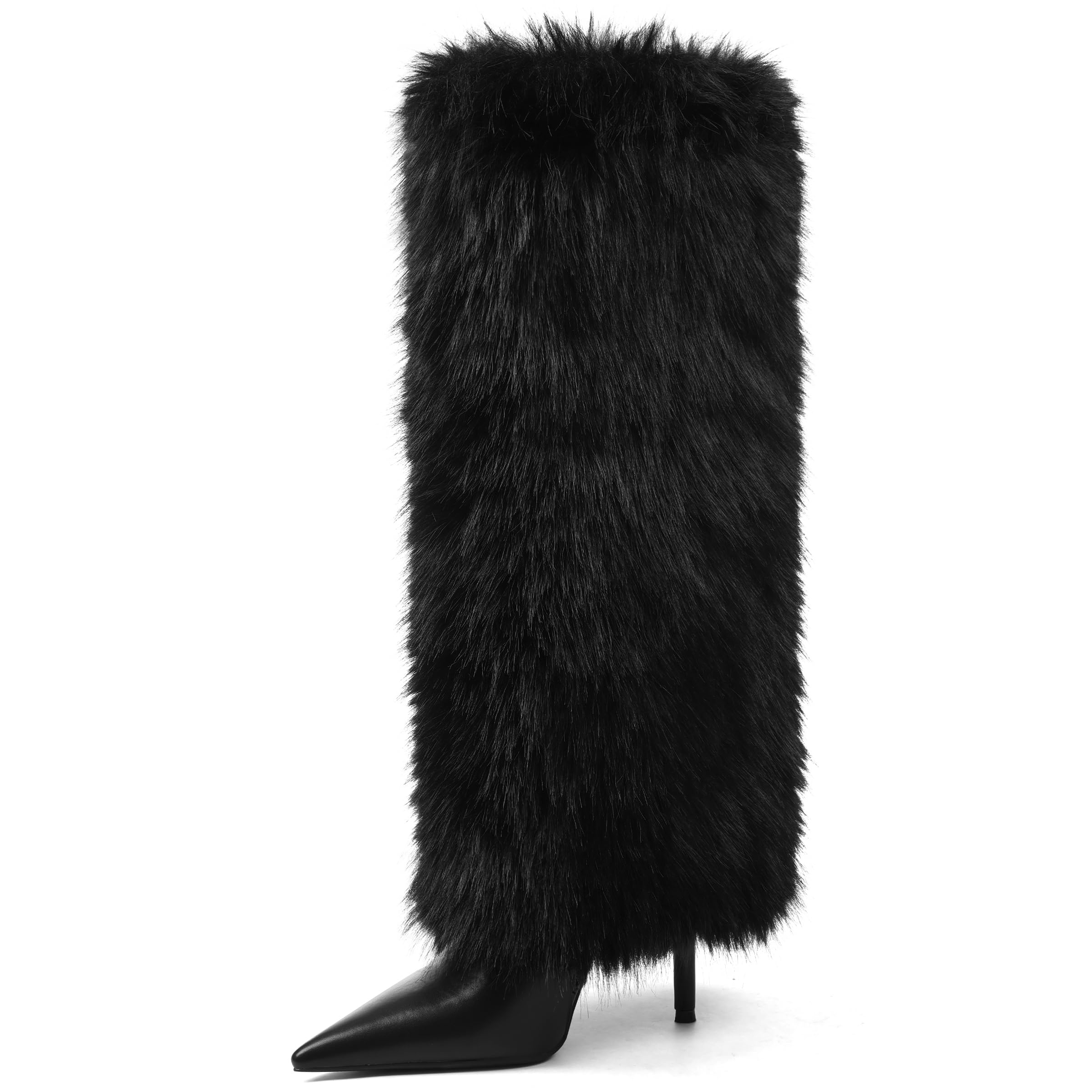 Kalstage Women Fur Knee High Boots Heels Wide Calf Fold Over Tall Boots for Party Evening Fashion Shows A-black 7