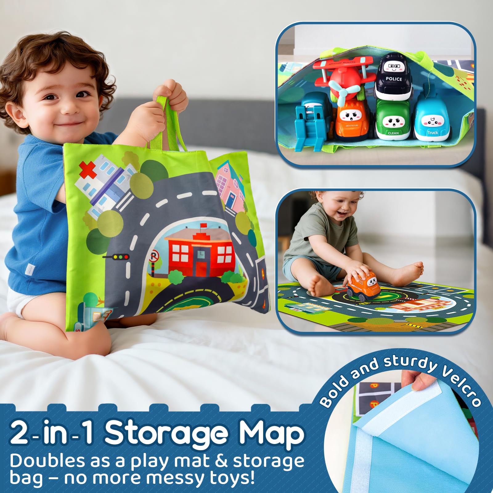 lerrbo 6 PCS Cartoon Lastwagen Auto Spielzeug mit Kräne/Spielmatte/Aufbewahrungstasche|Spielzeug ab 1 Jahr|Babyspielzeug für 1+ Jahre Alten Jungen|Geschenk 1 Jahr Junge