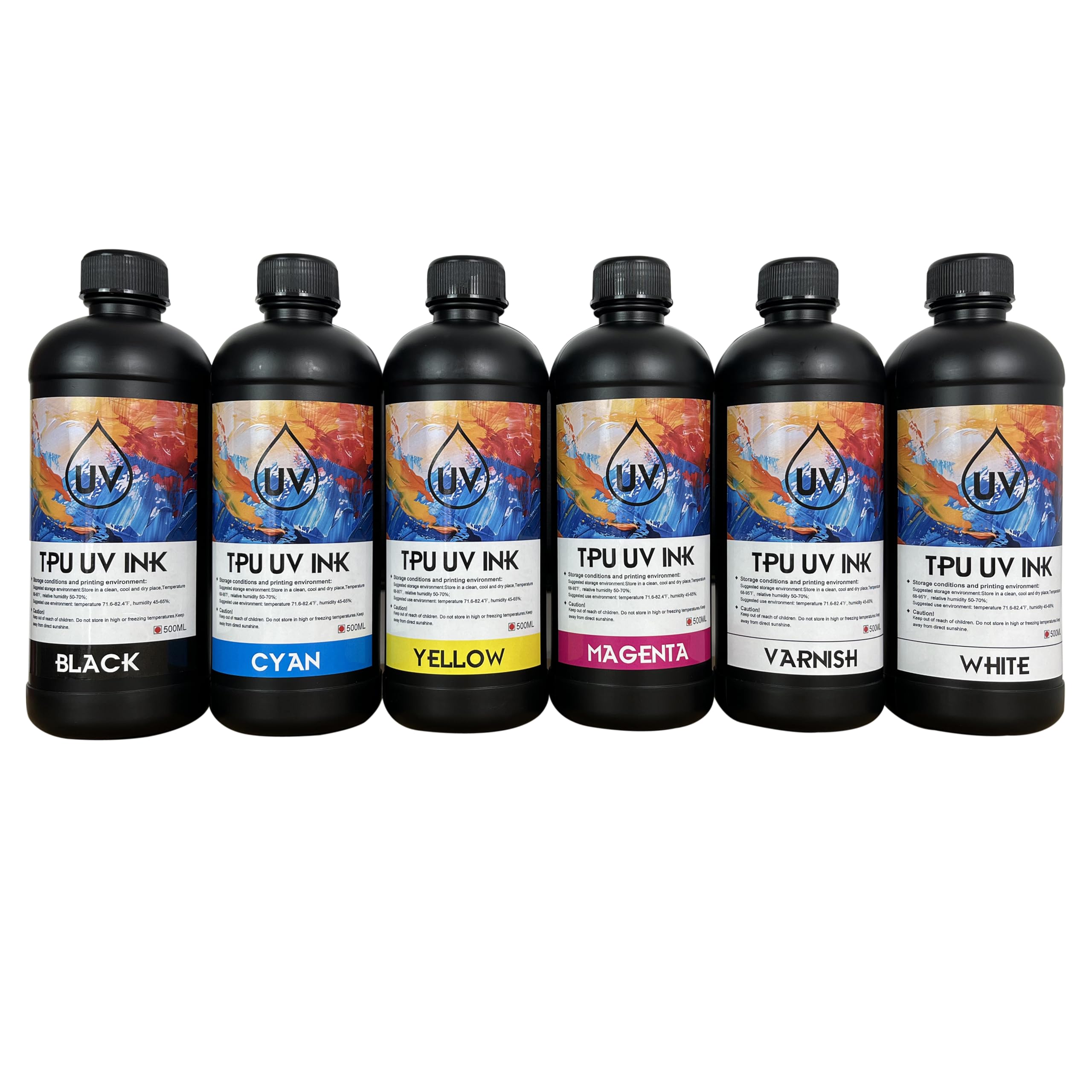 TPU UV Ink 500ml×6 for 3D Lable Logo Textile Fabrics for UV Flatbed Printer and UV DTF Printer Printing on TPU Films for XP600 i3200 i1600 L805 DX5 DX6 DX7 DX10 Printers (500ml×6 CMYKWV One Set)