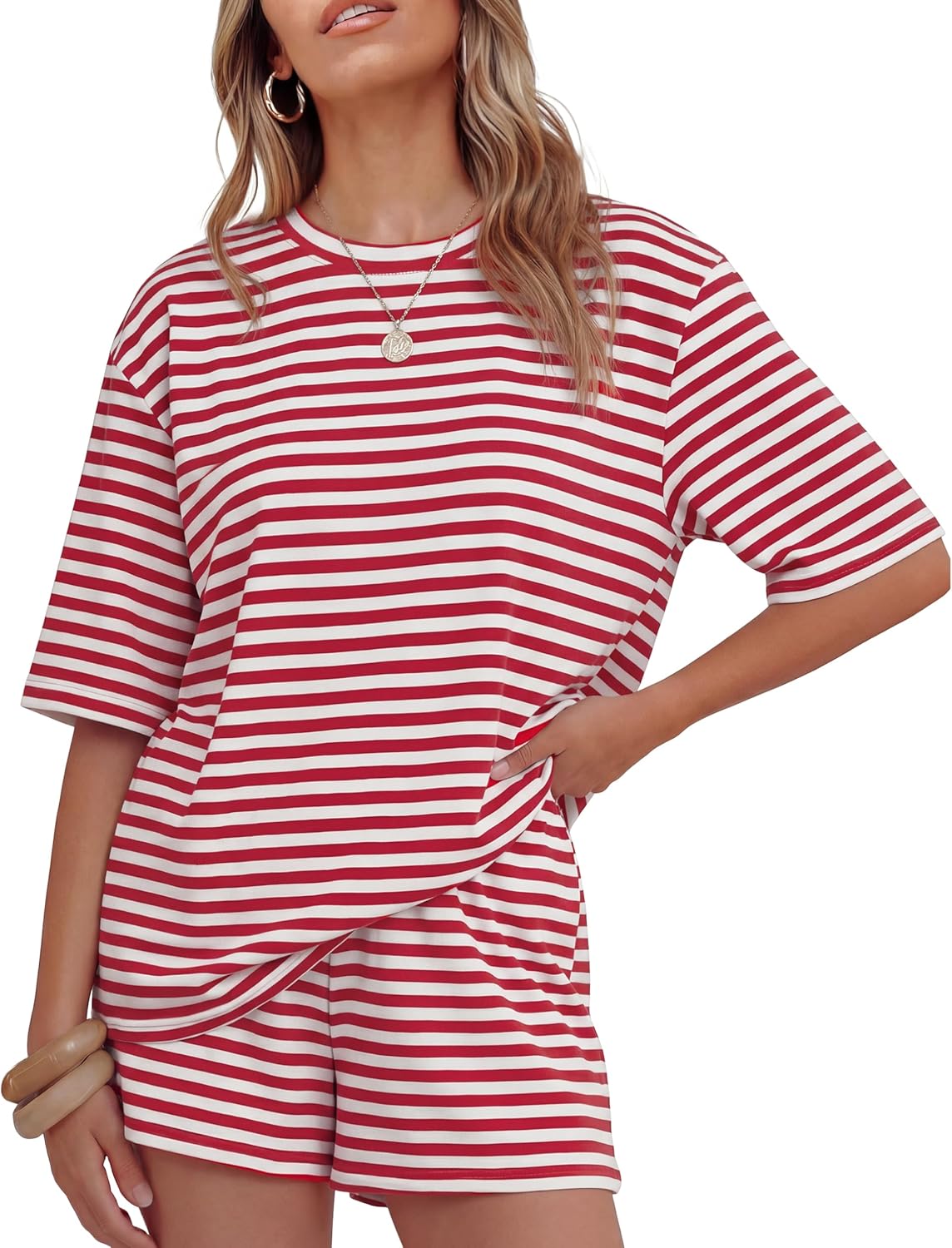 ZESICA Womens Summer 2 Piece Short Sets Striped Oversized Matching Lounge Airport Travel Workout Beach Vacation Outfits