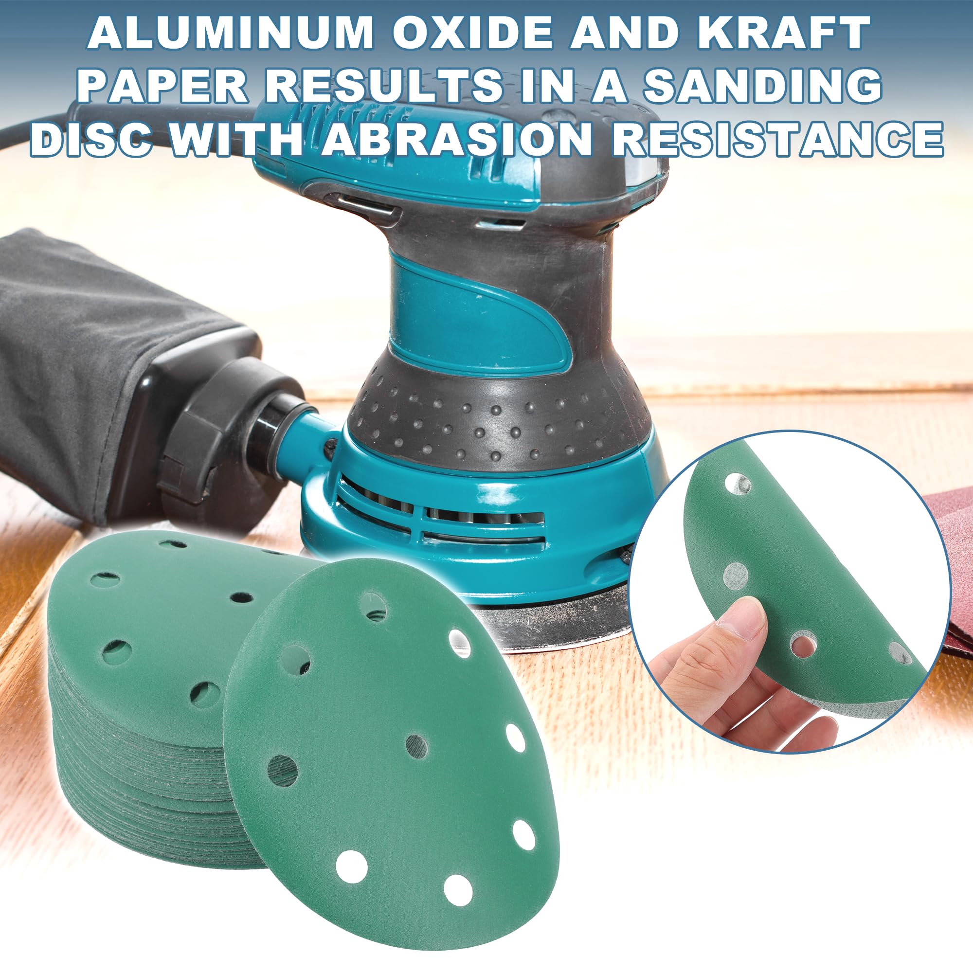 A ABSOPRO Sanding Discs 5 Inch 9 Hole 400 Grit Round Hook and Loop Sandpaper Aluminum Oxide Green 50pcs, 5" - Image 2