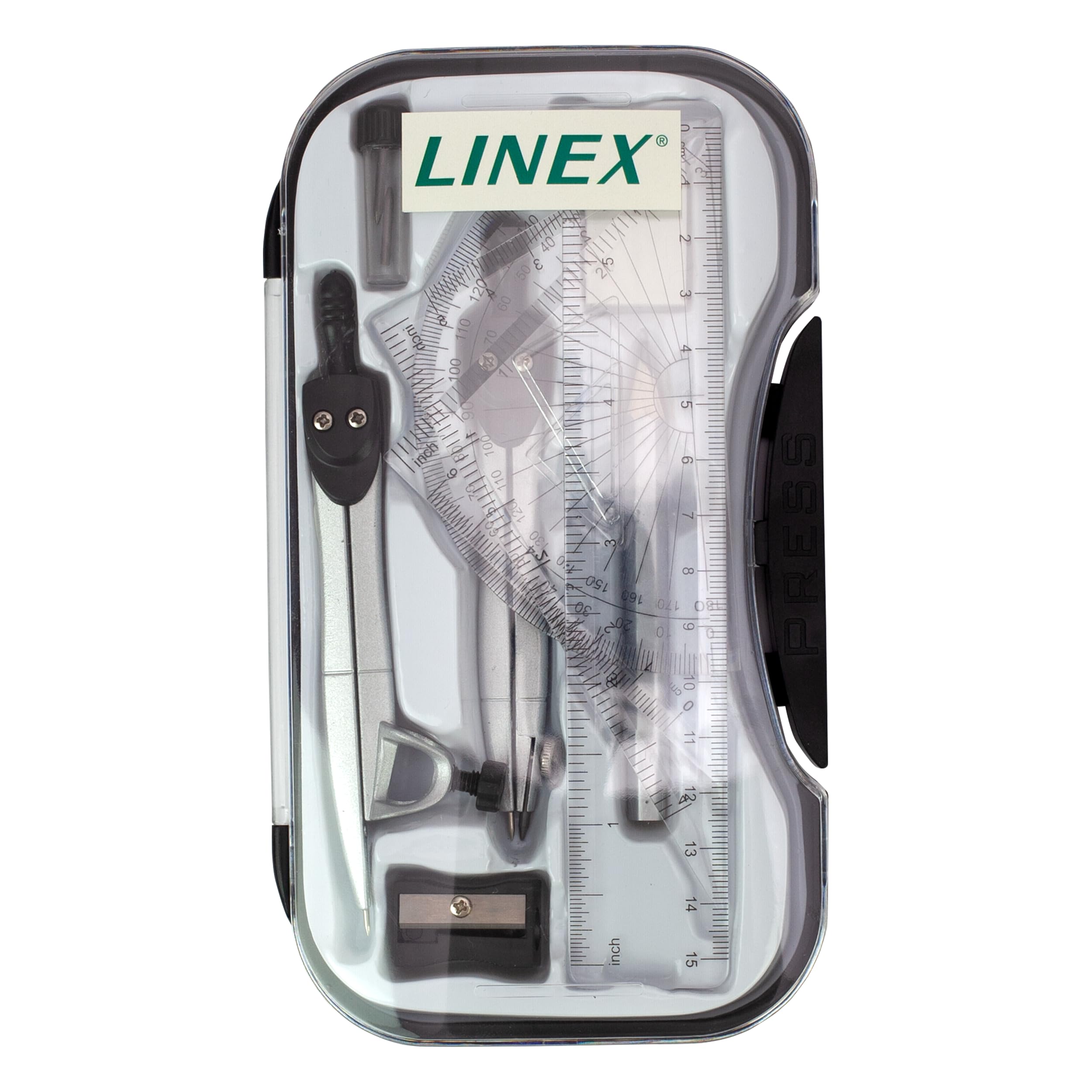 Linex Maths Geometry Set, 10-Piece Exam Kit with Transparent Case, Black, Includes Self-Centring Compasses, Protractor, Ruler - Image 3
