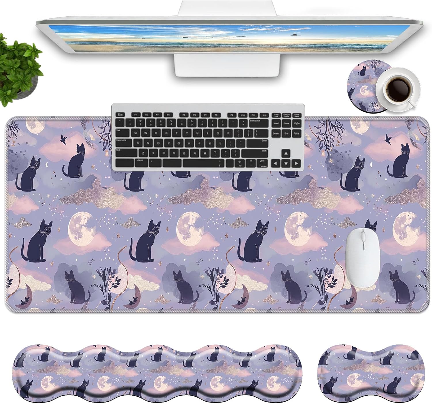 Keyboard Mouse Pad Set,Large Mouse Pad+Keyboard Wrist Rest+Wrist Support+Coaster,31.5x11.8in Extended Desk Mat for Computer Laptop Office Home- Flower Butterfly