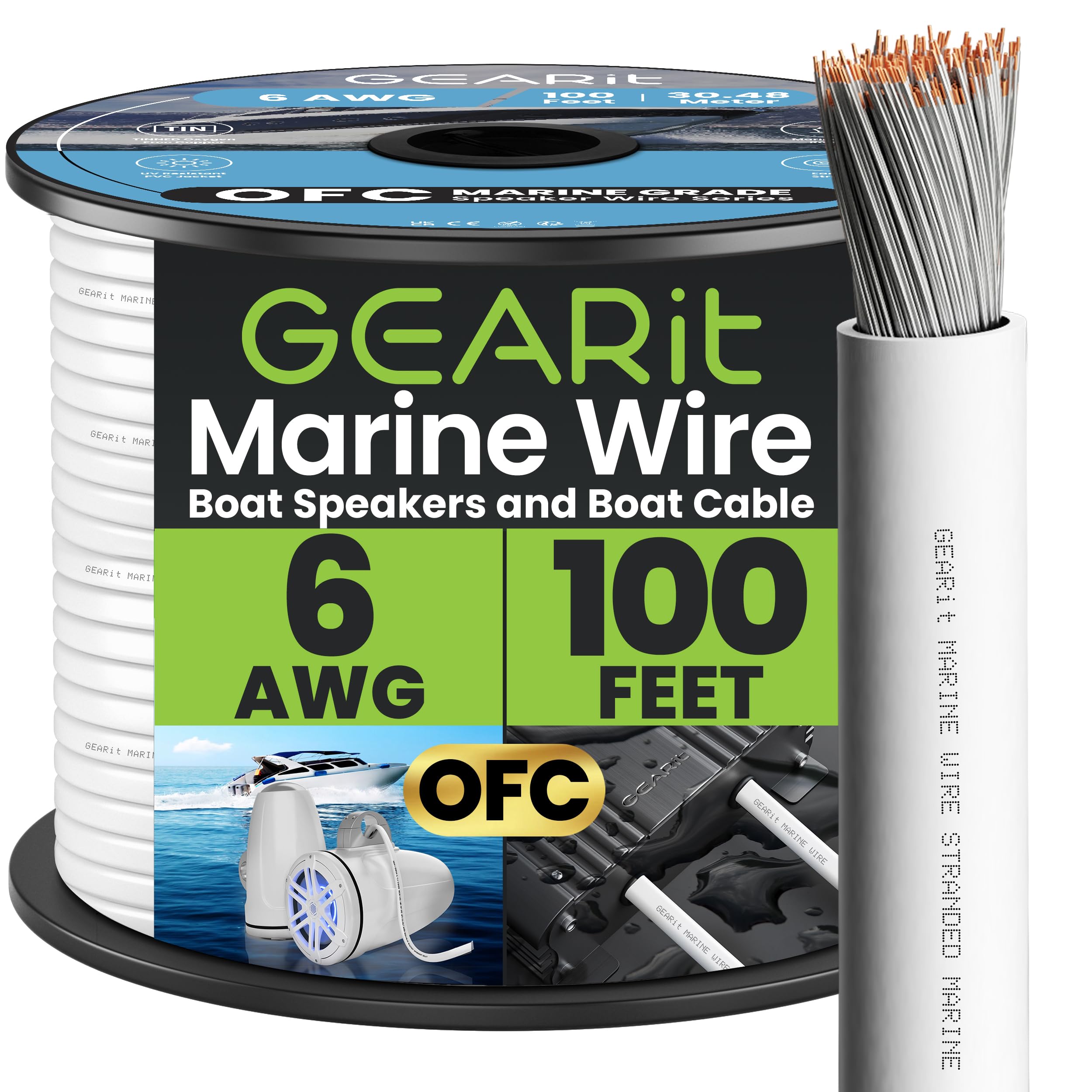 GEARit 6 Gauge Marine Wire, Primary 6 AWG (100ft) Marine Grade Tinned Copper Oxygen Free for Boat, Automotive, RV, Camper, Trailer, Electrical