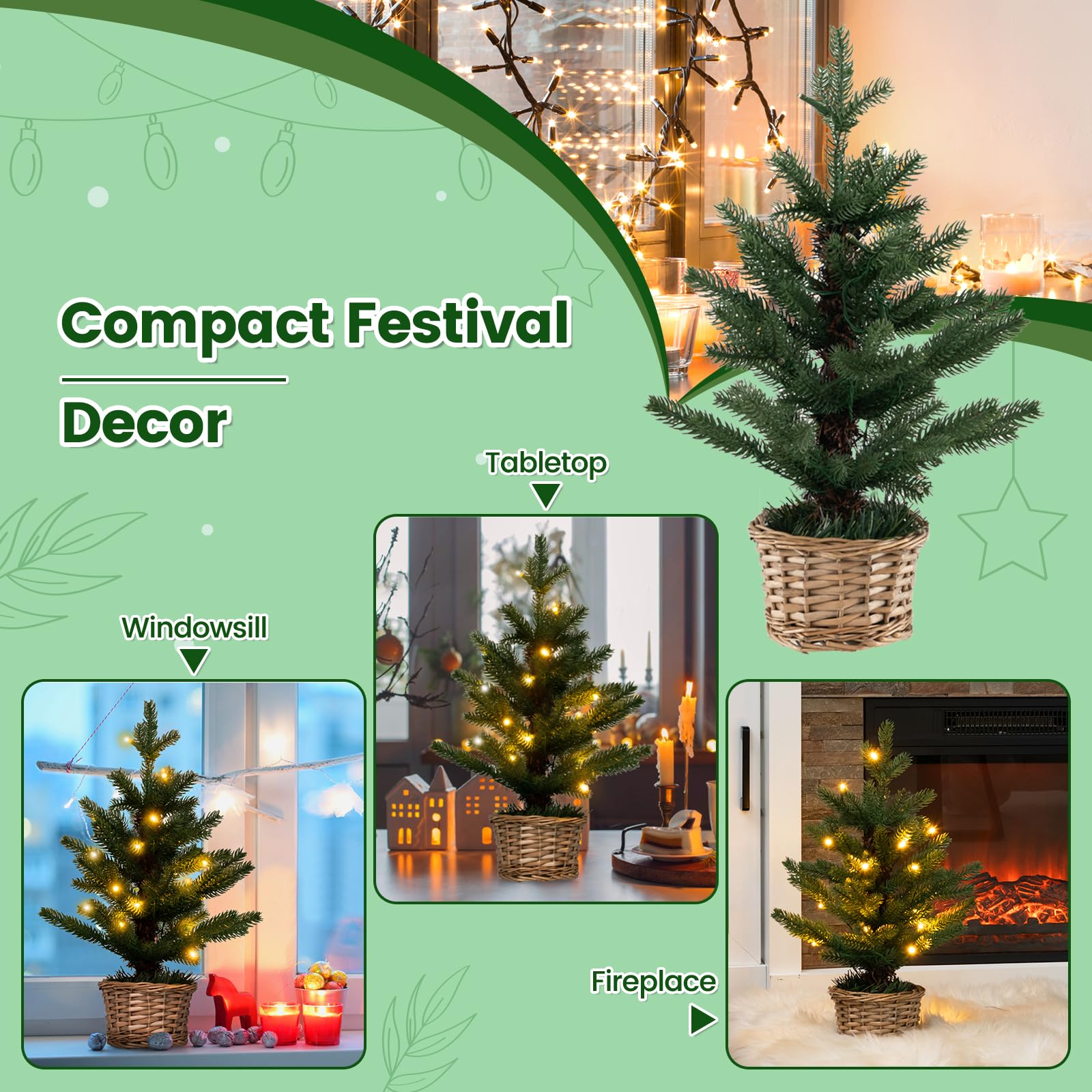 Árbol de Navidad preiluminado 60 cm/90 cm, árbol Artificial Mesa 2 pies/3 pies con Base, Luces LED, pequeña decoración navideña Interior y Regalo(2ft)