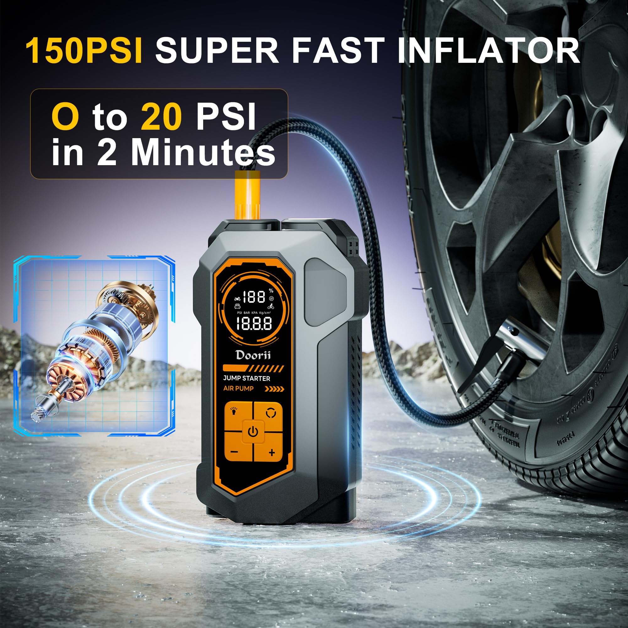 Jump Starter with Air Compressor, Car Jumper Starter Portable 6000A, 150PSI Tire Inflator/Air Pump, LED Flashlight for Up to 10.0L Gas / 8.0L Diesel Engines - 3