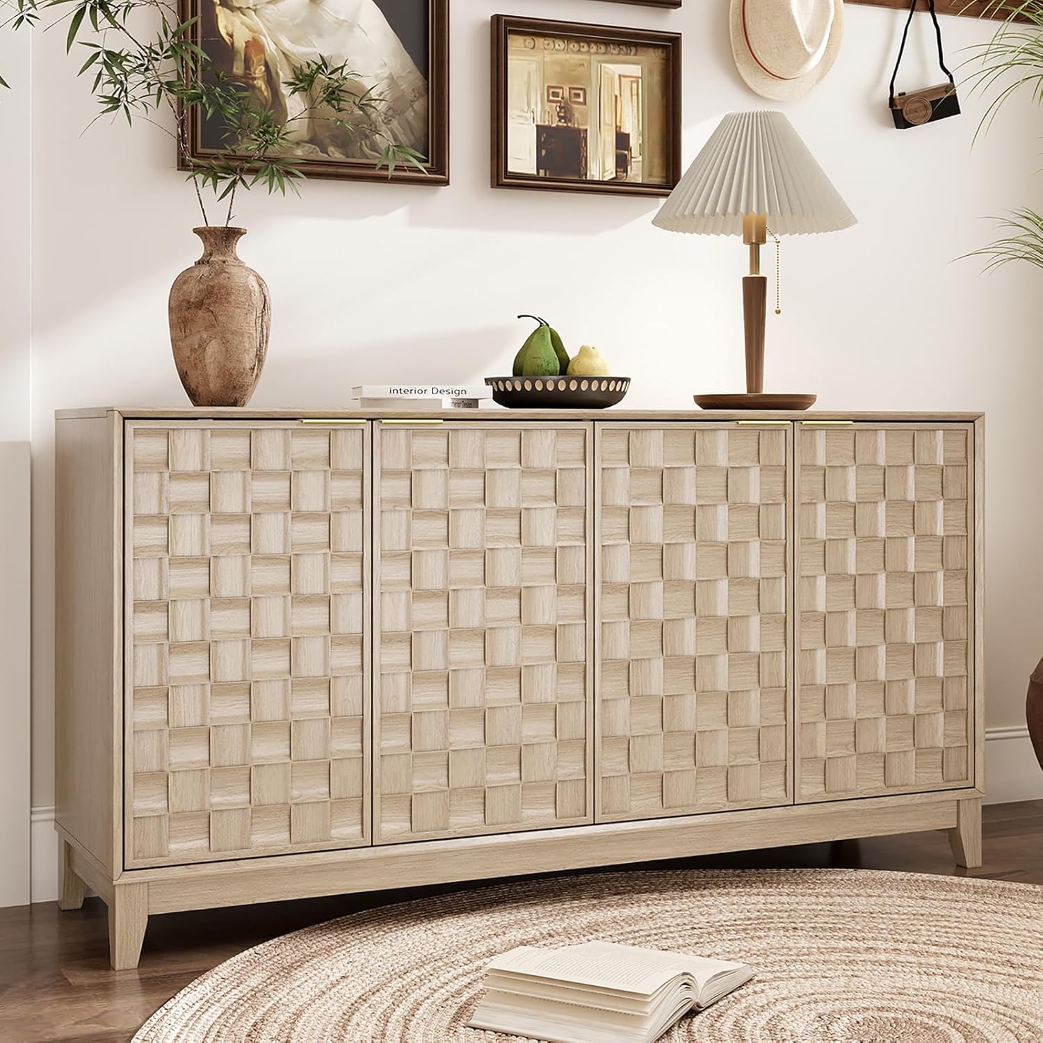 MALOL Fluted Sideboard Buffet Cabinet with Storage, 59" Wood Buffet Table with 4 3D-Checkerboard Doors & Adjustable Shelves, Kitchen Dining Room Coffee Bar Cabinet, Mid Century Modern Style, Oak
