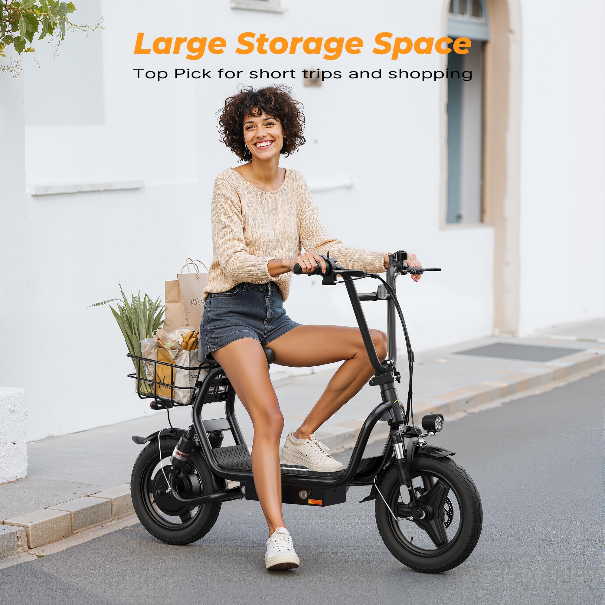Electric Scooter for Adults with Seat- Peak 750W Motor,Foldable E-Scooter with Back Basket,14" Tire E Scooter with 48V 7.8AH Battery Up to 20MPH &32KM/h Range,Adults Ebike for Commuting Pets & Cargo — view 7