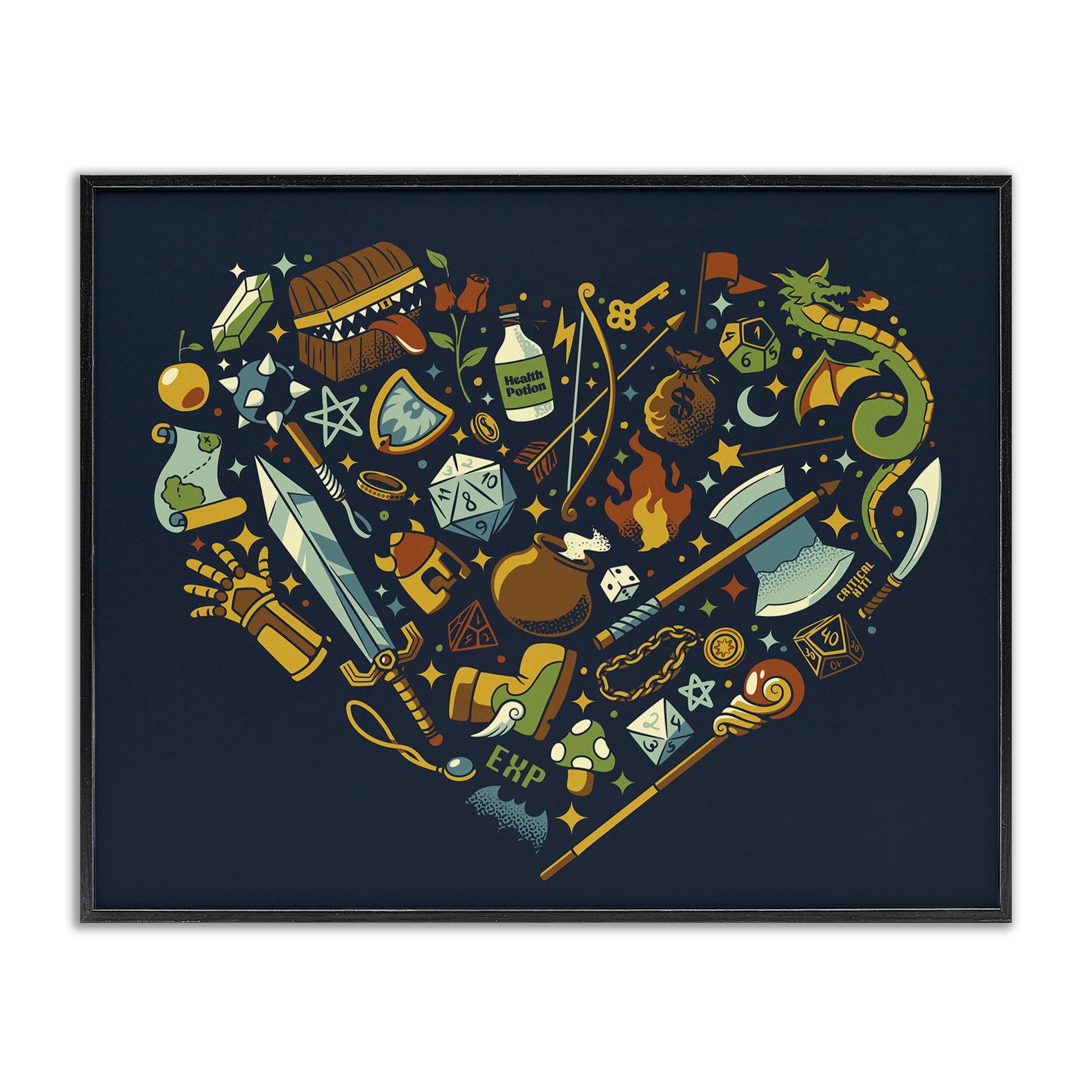 Stupell Industries Dungeon Fantasy Board Game Trinkets with Dragon, Magic, Potion and Treasure, 16 x 20 Inch Framed Giclée Print, by Tobe Fonseca, Made in USA Gift