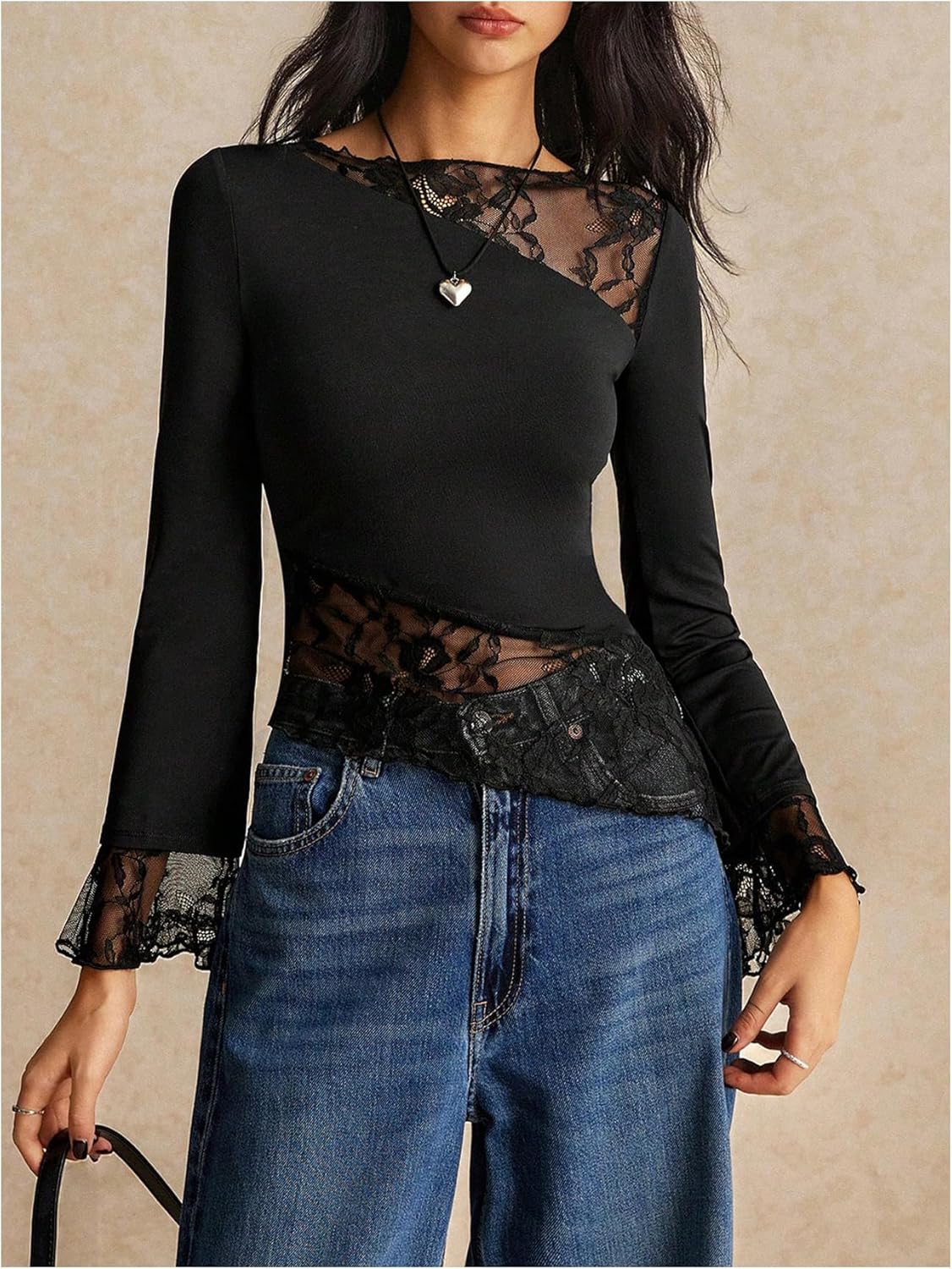 OYOANGLE Women's Long Sleeve Lace Patchwork T Shirt Boat Neck Slim Fit Asymmetrical Hem Tee Tops - Image 2