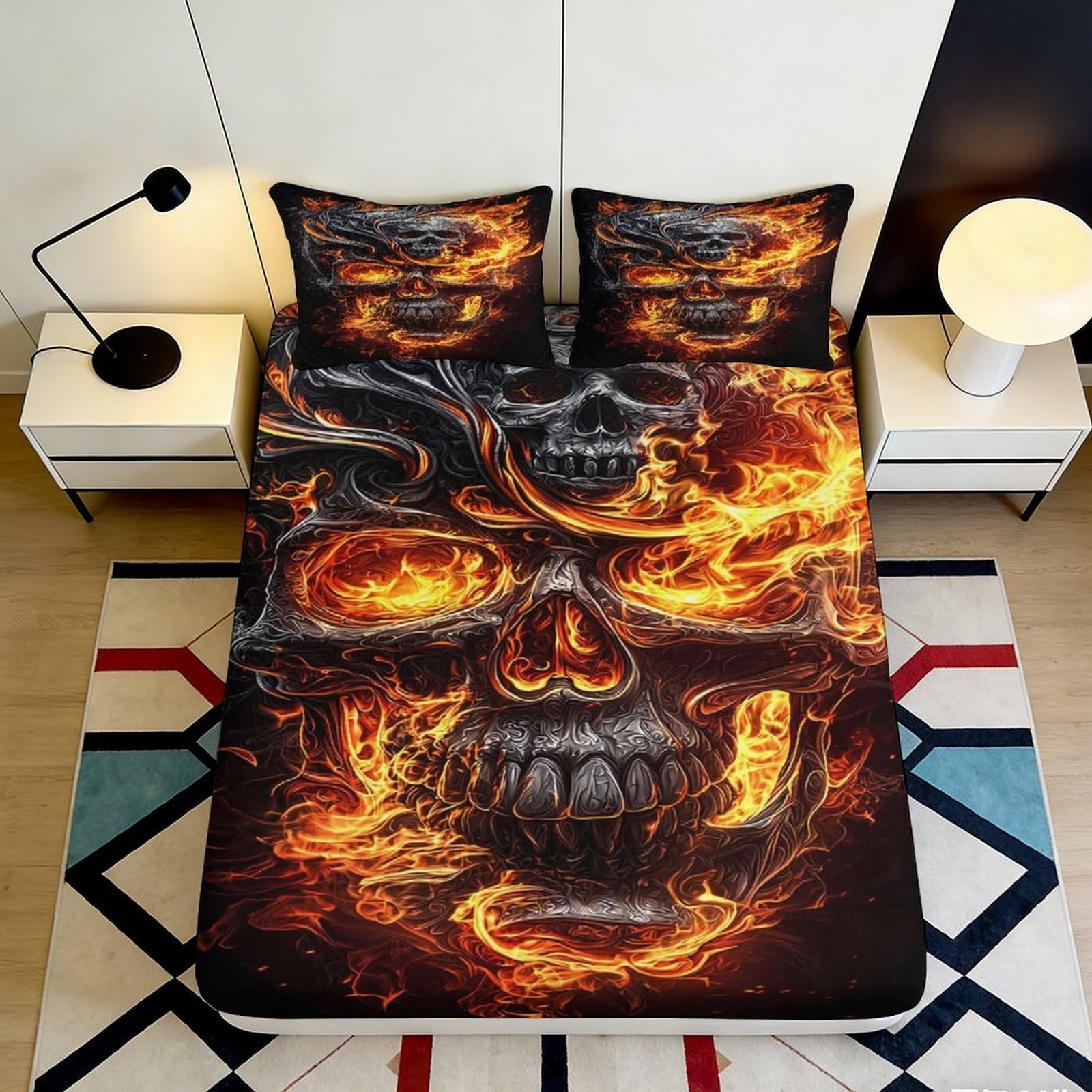 3D Printed Fiery Skull Fitted Sheet Microfiber Soft Breathable Flaming Skull Bed Cover for Bedroom Dormitory Guest Room Mattress Protection Decor 120x200x25cm