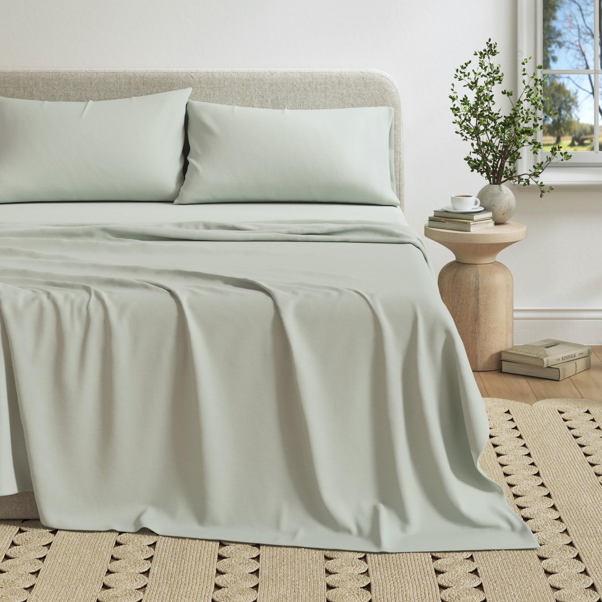 Great Bay Home Cotton Jersey Knit Twin XL Sheet Set - Ultra-Soft, Stretchy, Heathered Melange Green Bed Sheets - Cozy, Soft T-Shirt Sheet & Pillowcase Set Twin XL Green