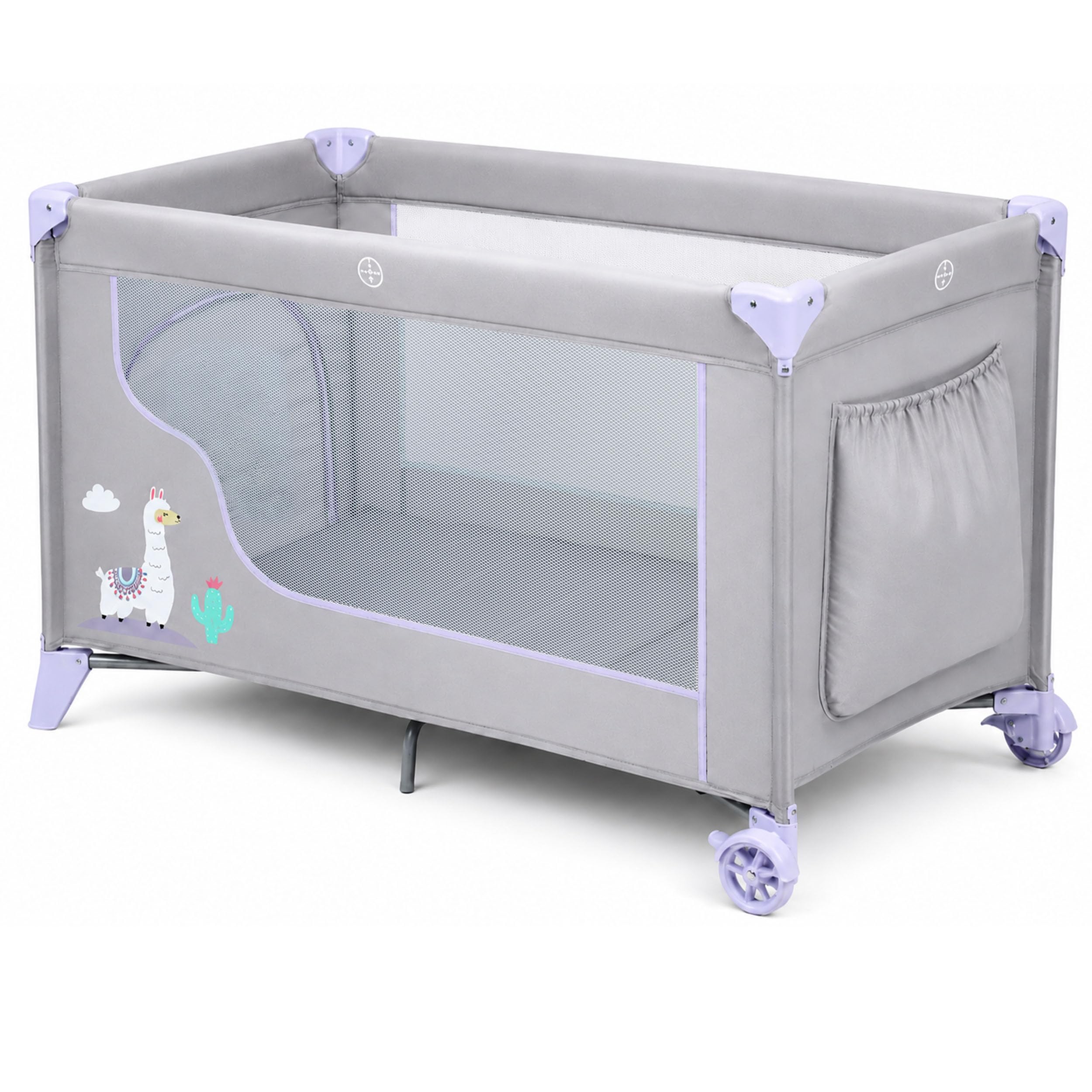 Ricokids Łóżeczko turystyczne dla niemowląt z materacem 123,5 x 64 x 76 cm do 15 kg 2 koła z hamulcami jasnoszary lawendowy