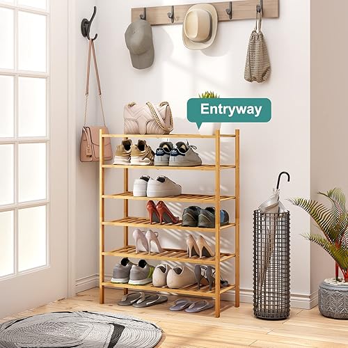 Vista 63 de Zapatero de bambú de 5 niveles para entrada, apilable plegable Natural, organizador de zapatos para armario de pasillo, zapateros de pie