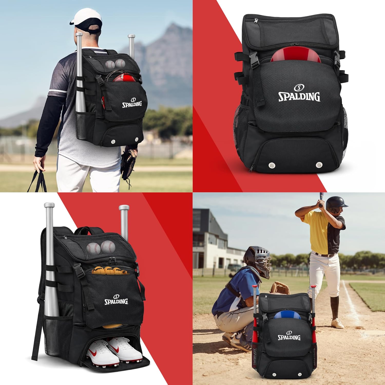 Spalding Baseball Backpack Baseball Bag | Youth & Adult Large Backpack with Compartment for Tball Softball Sports Gear | Fits Bat Glove Shoes Ball Helmet | Waterproof Adult Bat Bag Softball Gift