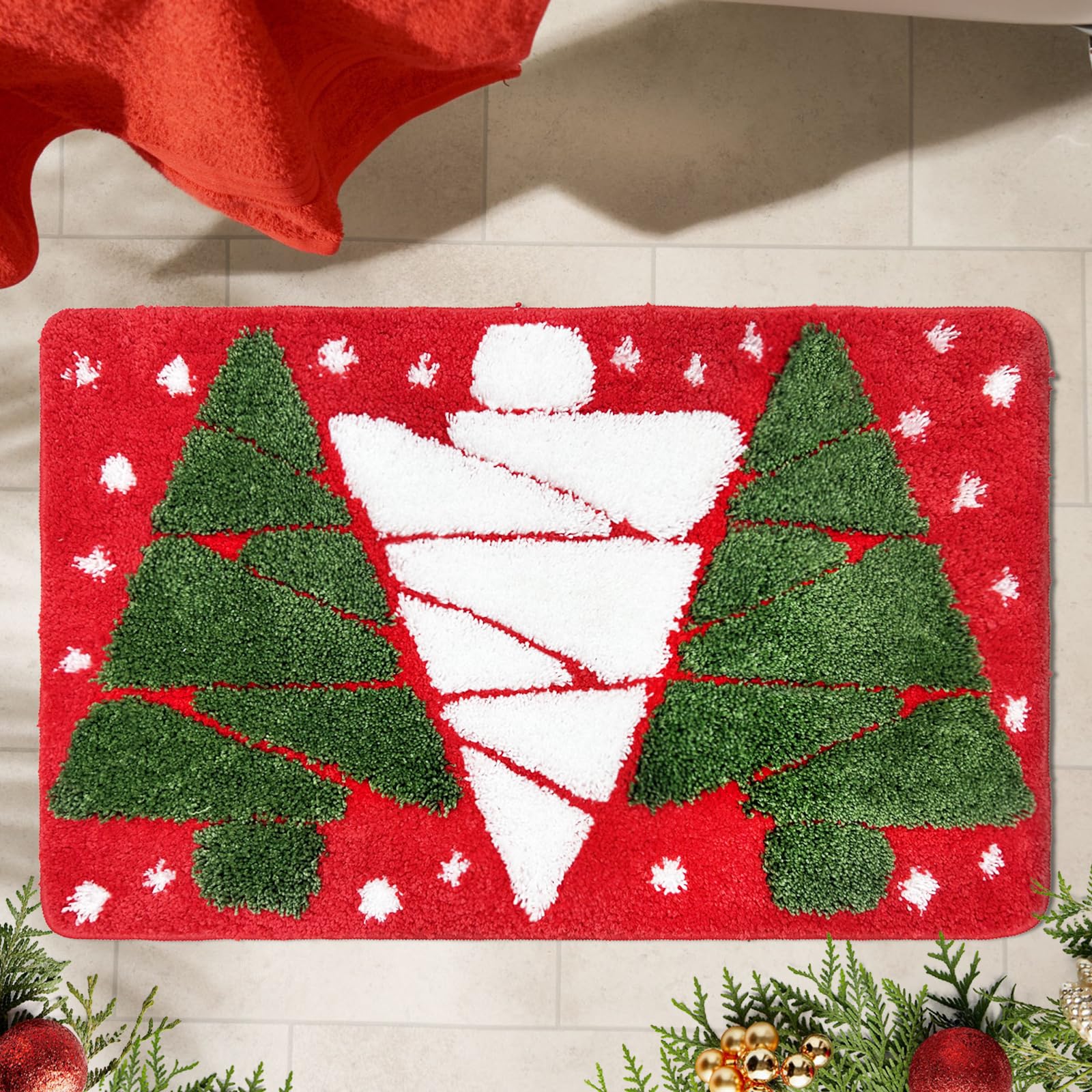 Red Christmas Bathroom Decor - Non Slip Bath Mat Absorbent Bath Rug Carpet for Sink Bathtub Shower -