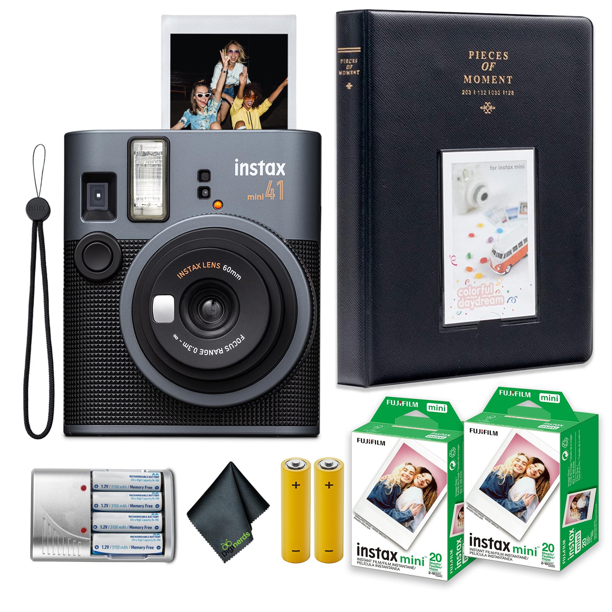 Fujifilm Instax Mini 41 Instant Film Camera Bundle with 2X Fuji Instax-Instant-mini Film Value Pack (40 Sheets) + 4X Rechargeable AA Batteries with Charger + Photo Album – 64 Pockets + More