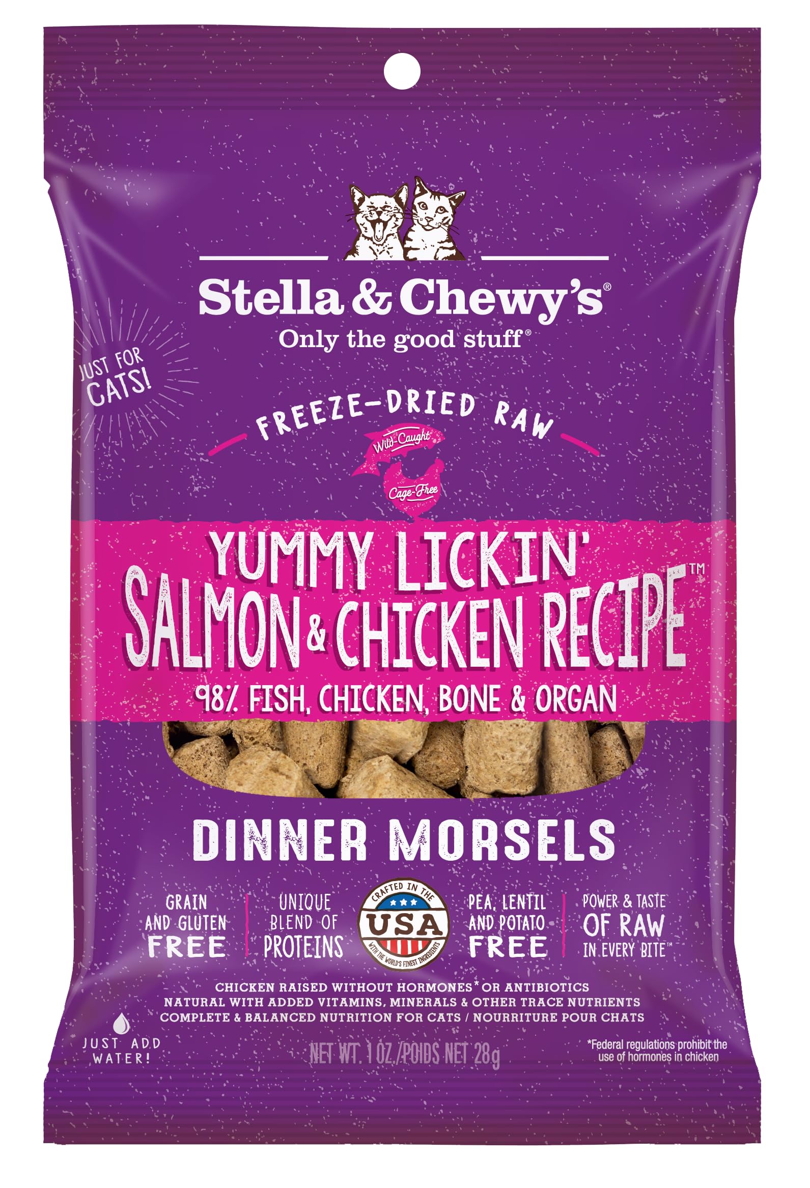 Stella & Chewy's Freeze-Dried Raw Cat Dinner Morsels - Premium Salmon & Chicken Recipe with 98% Wild-Caught & Cage-Free Protein - Natural Grain-Free Cat & Kitten Food - Made in USA - 1 oz