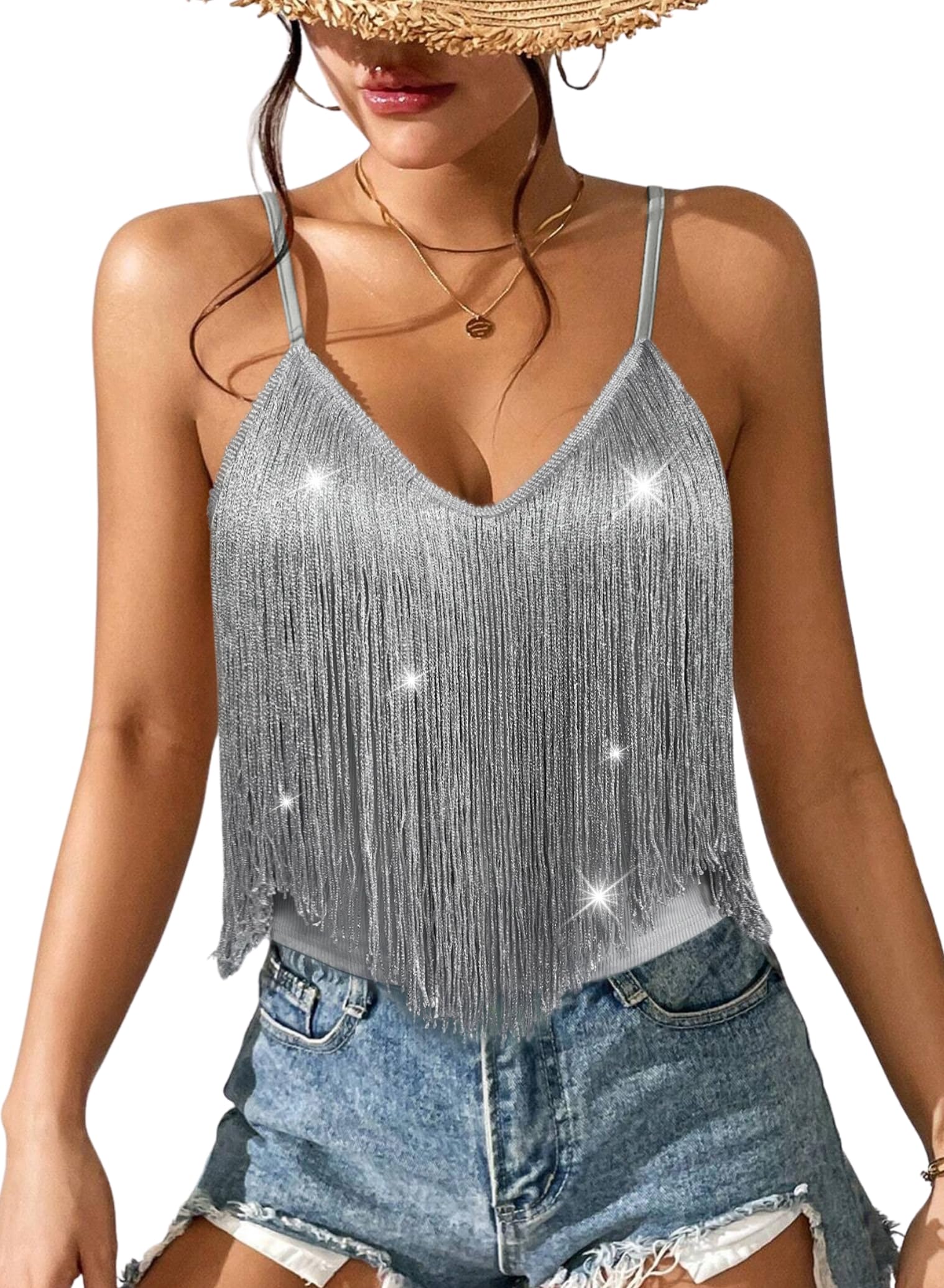 ELLA LUST Womens Fringe Tank Top - Western Festival Clothing Cowgirl Tassel V Neck Rave Country Concert Outfits Boho Camisole