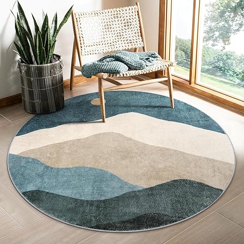 Miniatura 7 de Sungea Alfombra redonda abstracta de 4 pies, elegante alfombra de lana sintética, lavable, antideslizante, para sol y montaña, alfombra circular