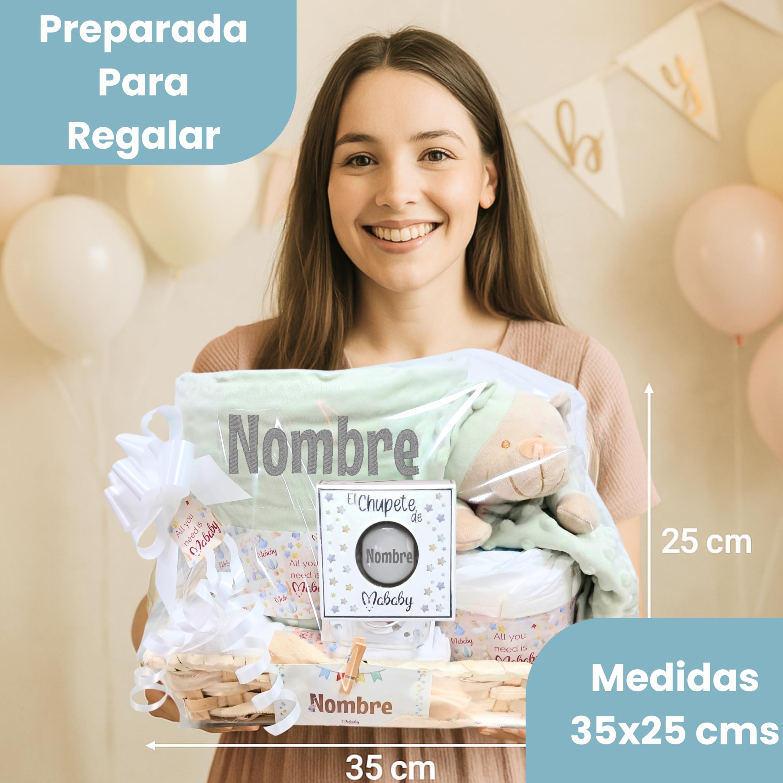Menta - Cesta de Bebé Personalizada con Manta Burbujas Bordada, Dou Dou de Apego y Chupete Personalizado - Regalo Ideal para Recién Nacidos