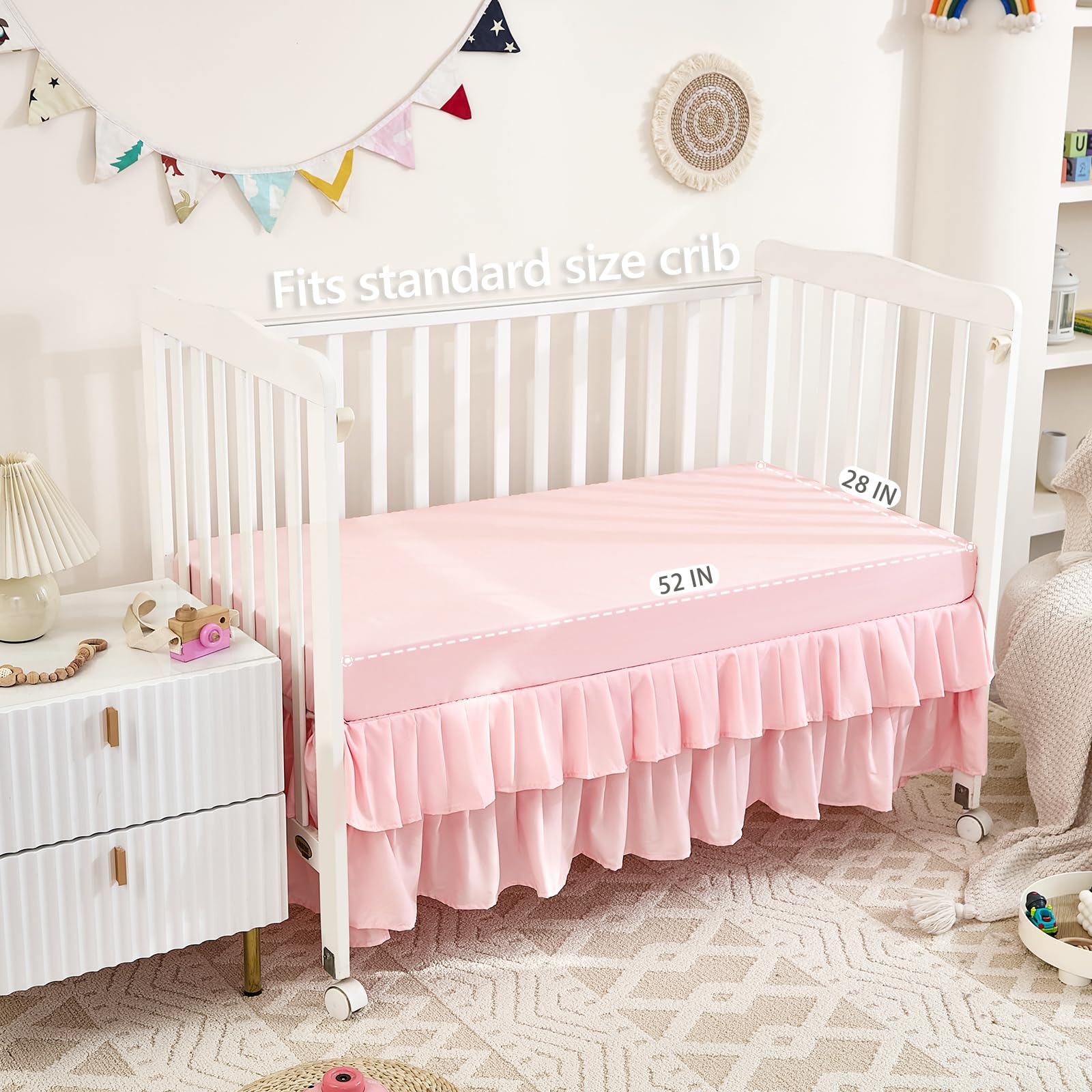 Juego de ropa de cama de 3 piezas para cuna de niñas y niños, juego de ropa de cama suave y lindo que incluye edredón bohemio para cuna, sábana de cuna y falda de cuna (rosa)