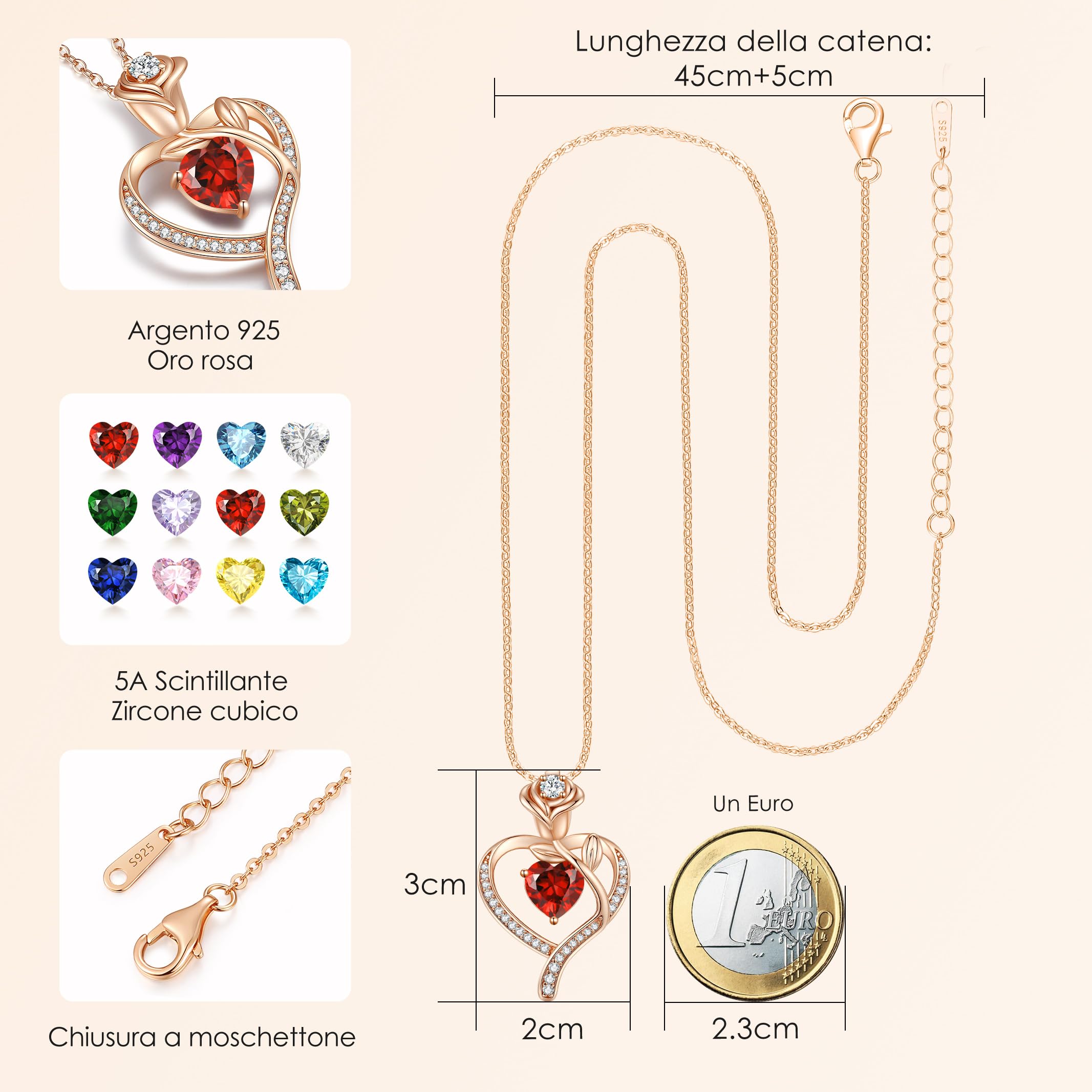CDE Jewellry Birthstone Collana Donne, 925 Sterling Silver Rose Gold Jewellry Rose Heart Collana Pendente Anniversario Compleanno Regalo di Natale per donne Moglie Mamma Fidanzata Lady Suo