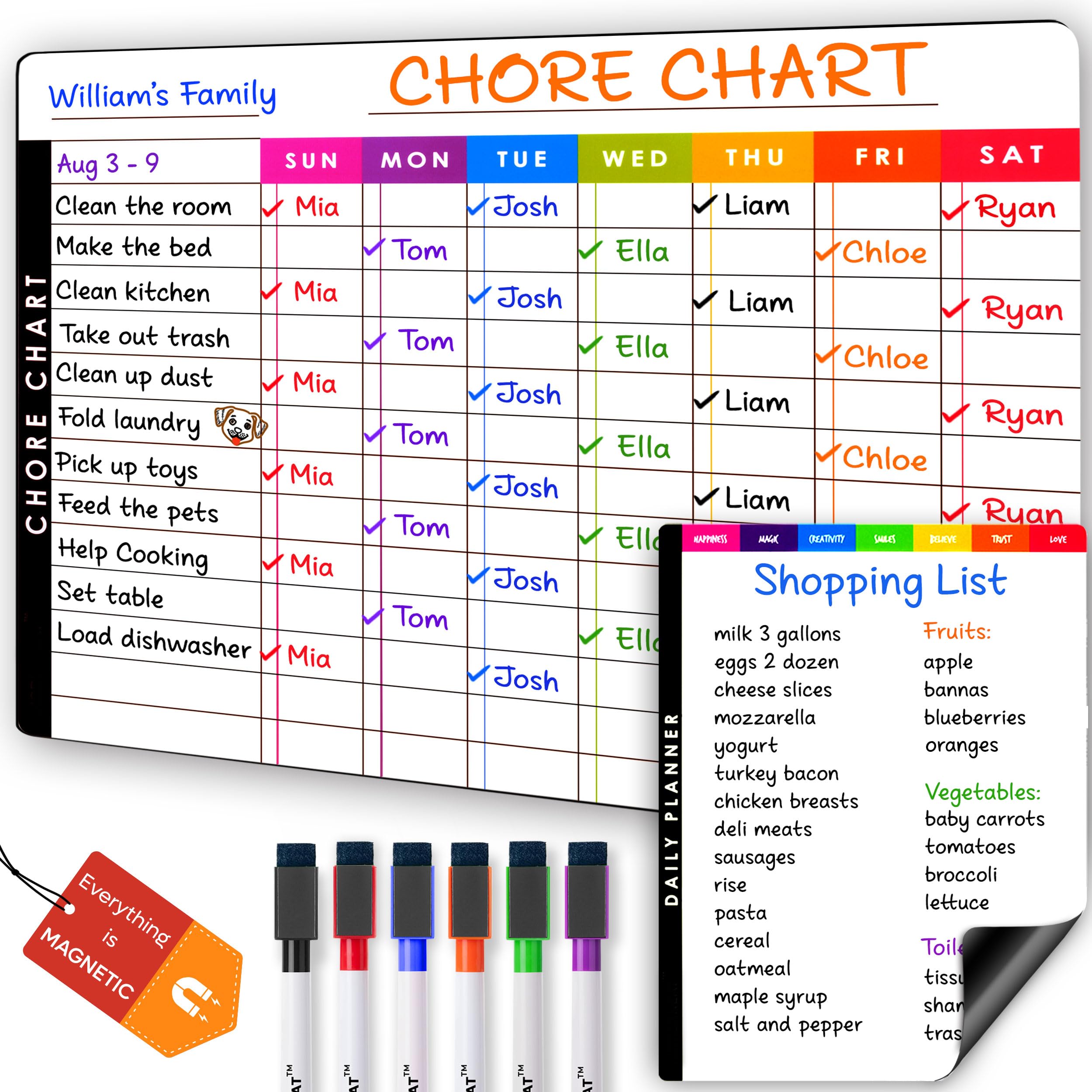 Magnetic Chore Chart Dry Erase Whiteboard Set - Pocket Charts for Multiple Kids, Teens & Adults (15"x 11.5"), Daily to-Do, Grocery, Notes (9"x 7") -Behavior Chart for Fridge & 6 Fine Tip Markers