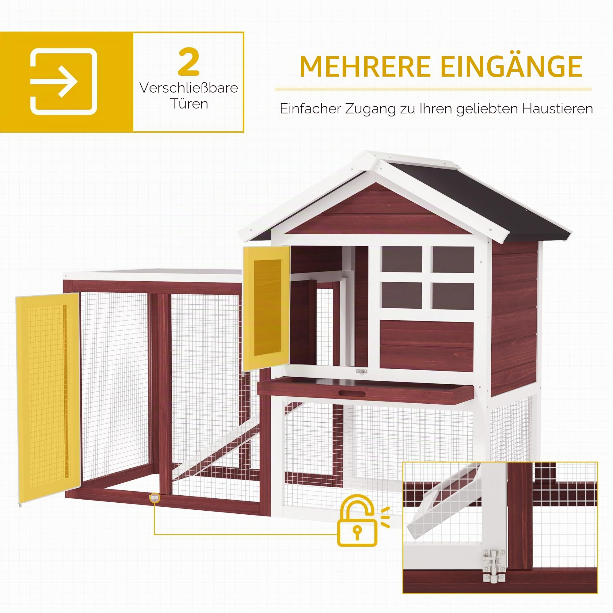 PawHut Kaninchenstall Mehrzweck-Kaninchenstall: obere Nische mit Rampe, Kotplatte, Fenster + sicheres Außengehege 2 Türen 122L x 63l x 92H cm Ziegelrot