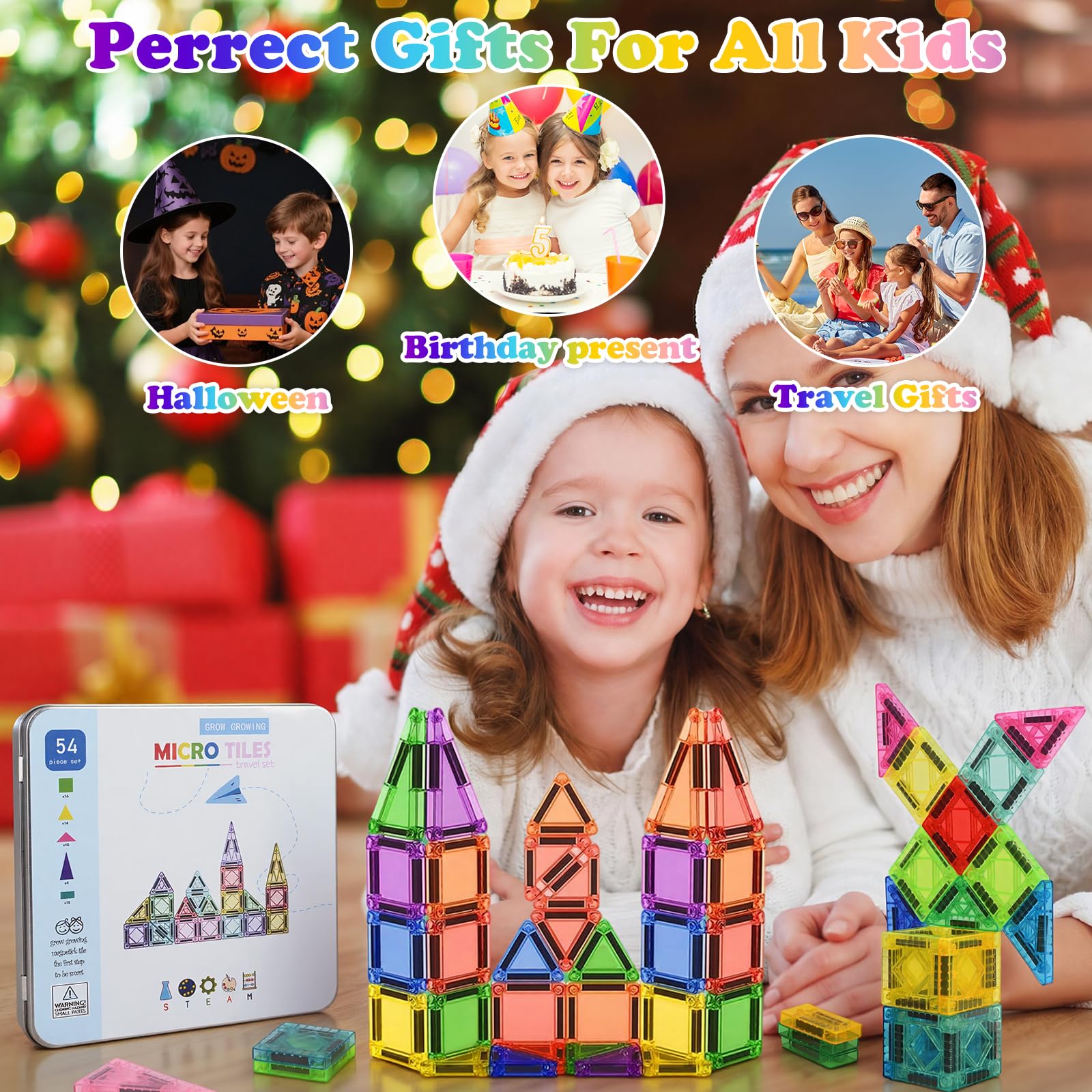 Płytki magnetyczne, klocki magnetyczne – zabawka podróżna w metalowym pudełku, MINI płytki magnetyczne – zestaw konstrukcyjny STEM, zabawki magnetyczne Montessori dla dzieci od 3 lat (B)