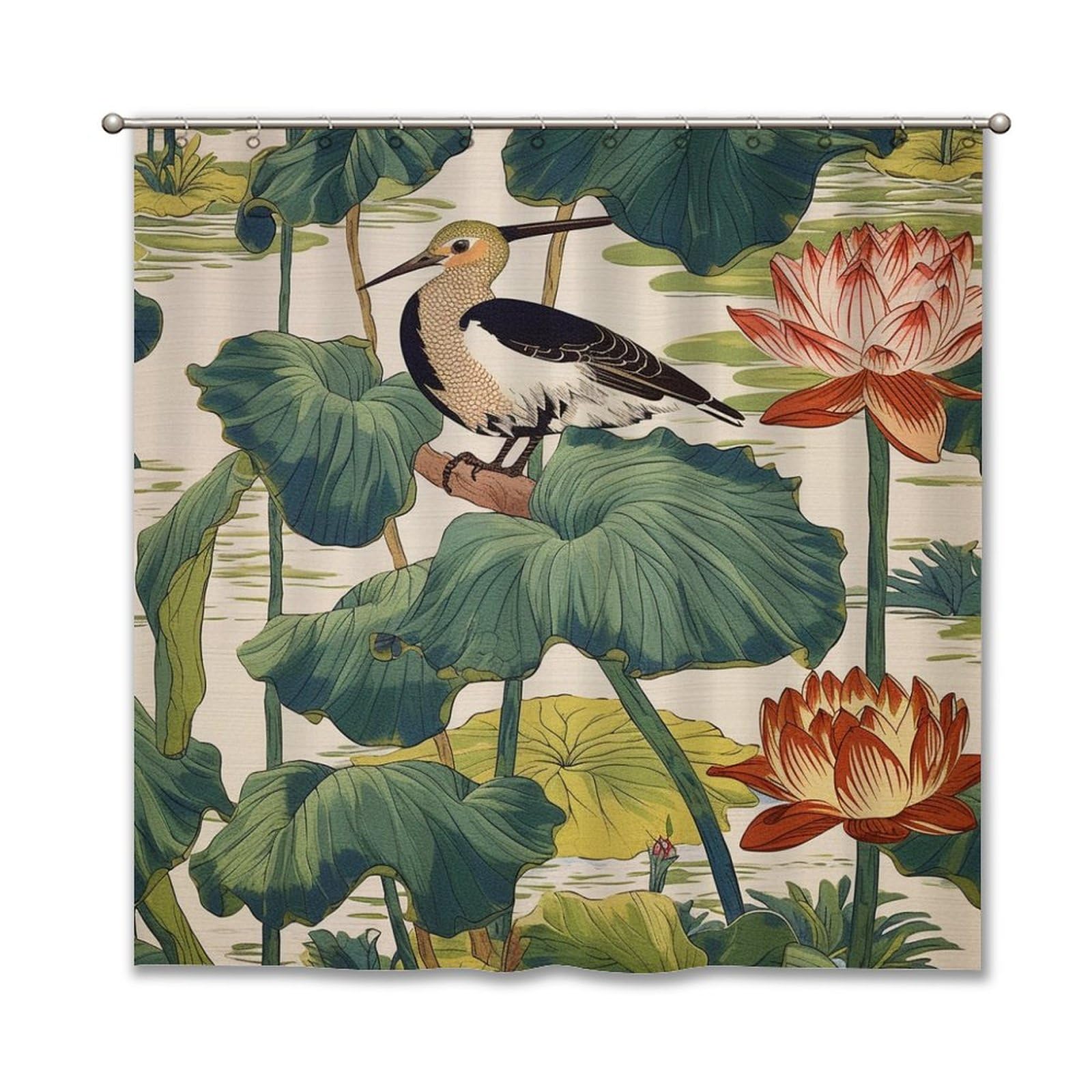 Guangpat Men's Style Chinoiserie Aqua Teal Shower Curtains For Bathroom 72X72in Asian Nympheus Lotus Bath Curtains Boho Shower Curtainshower Curtain Liner Polyester Fabric Shower Curtain Set With Hooks