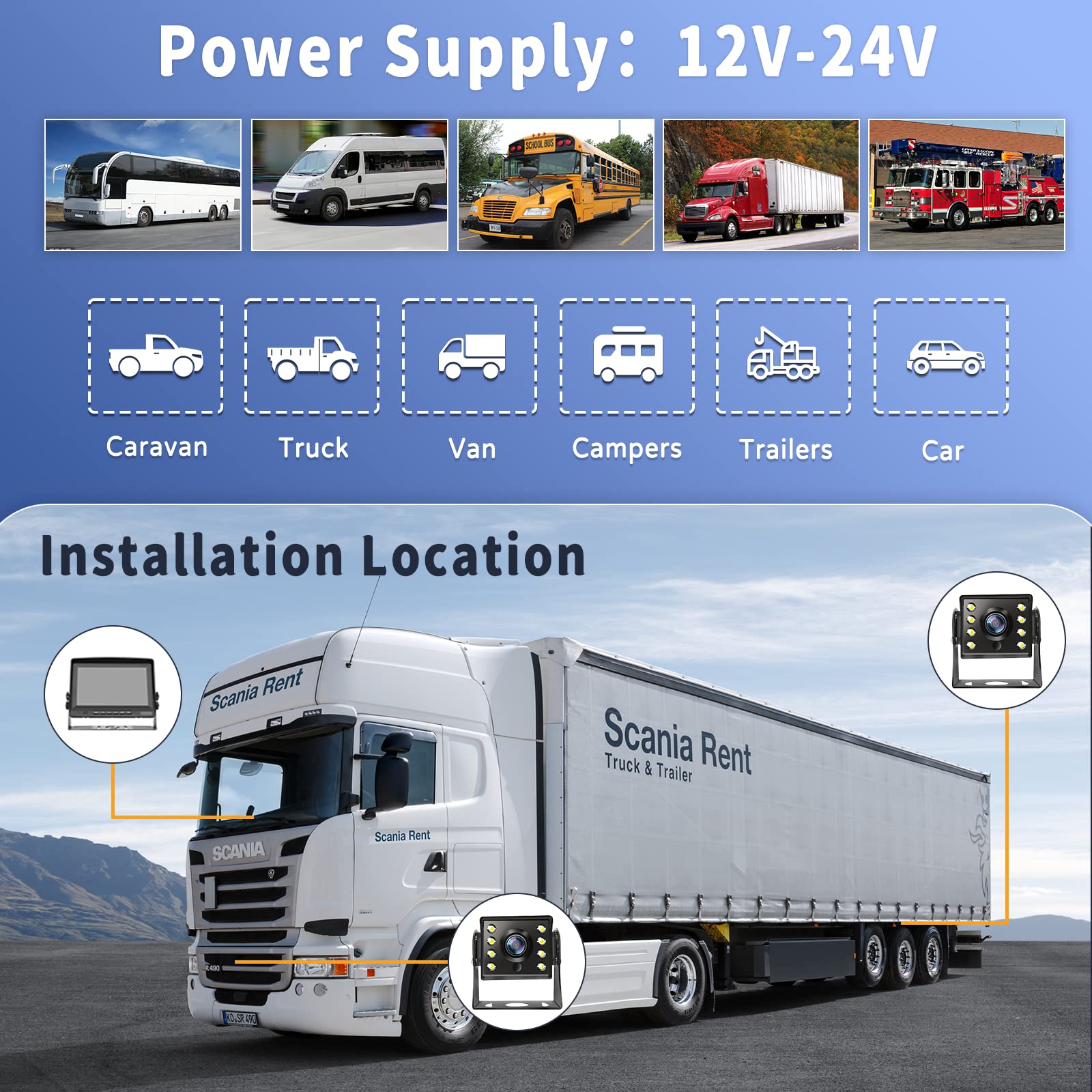CAMECHO Cámara Trasera und Monitor-Kit para 12V-24V Coche, 8" LCD Monitor 2 Divisiones Camaras, IP69 Cámara + 65,6 Pulgadas Cable de Extensión